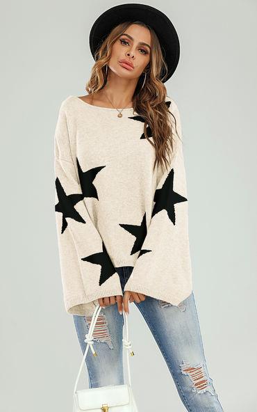 Wide Sleeve Oversize Cream Jumper With Black Star