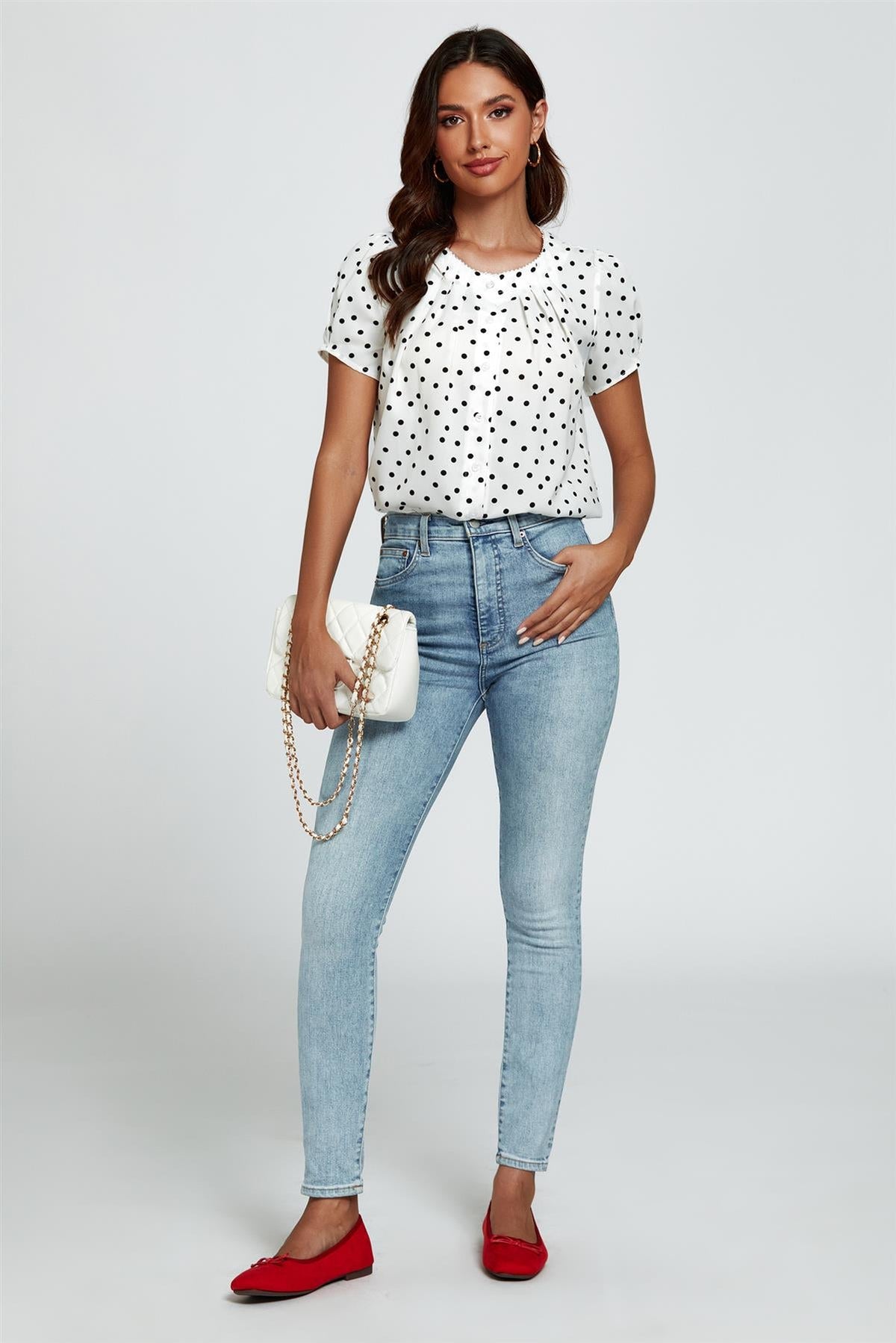 Dot Print Short Sleeves Top In White