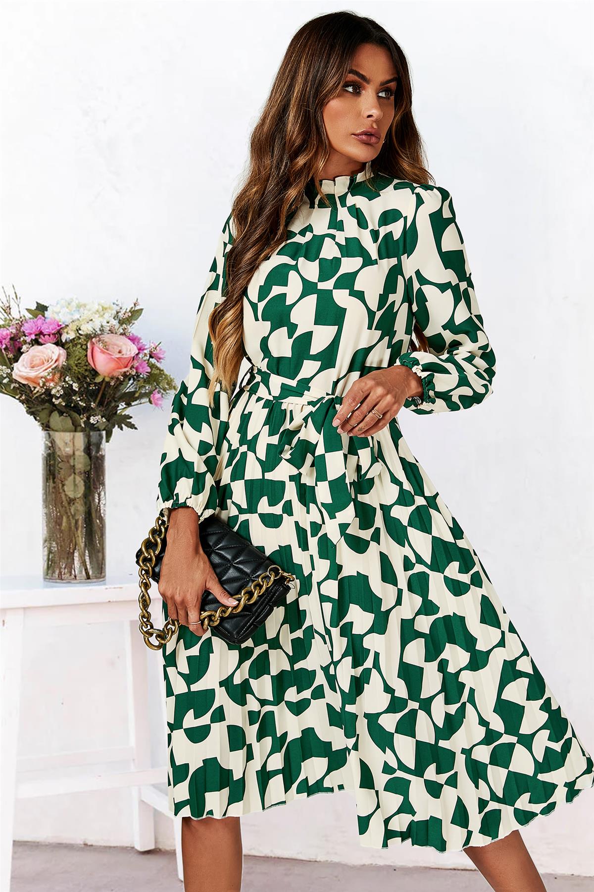 High Neck Long Sleeve Midi Dress In Green