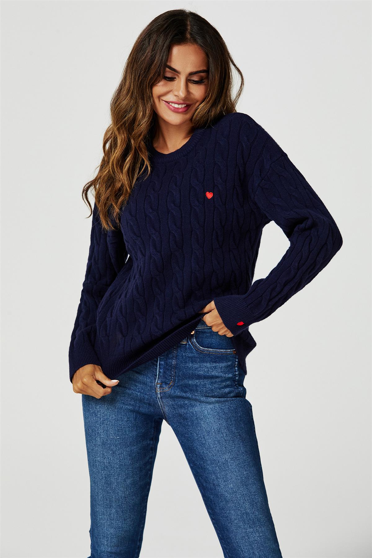 Heart Embroidery Jumper Top In Navy