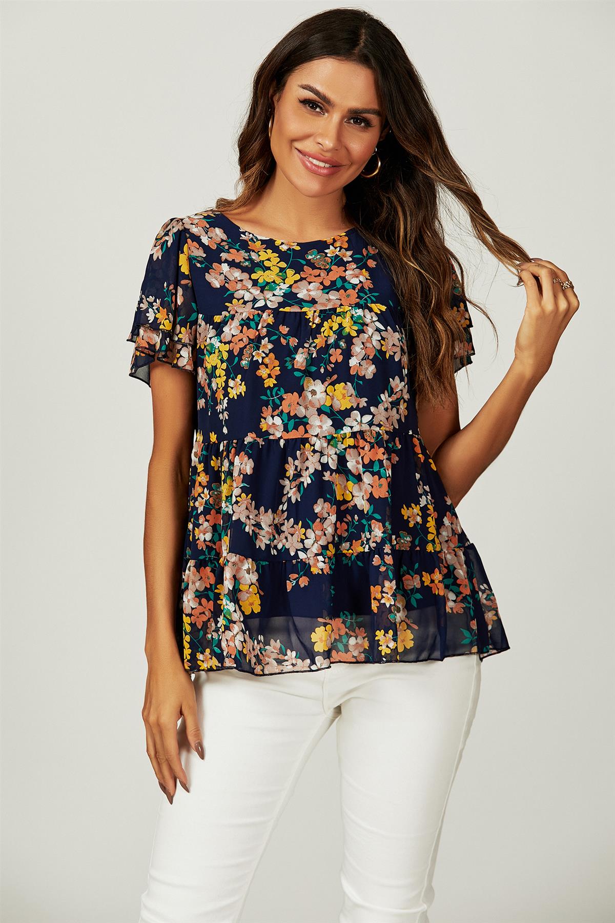 Floral Print Hem Tiered Smock Short Sleeve Blouse Top In Navy
