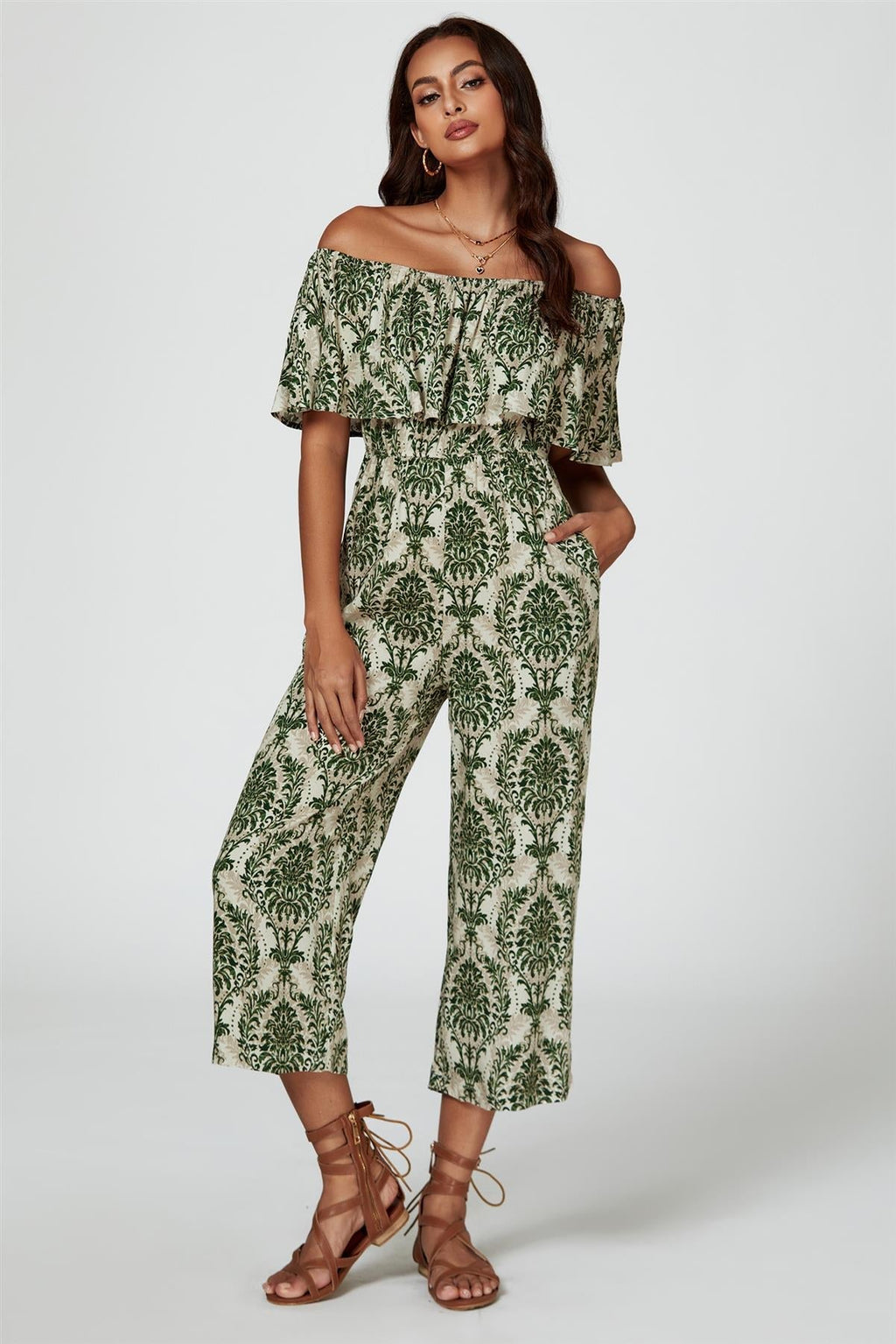 Off The Shoulder Print Frill Jumpsuit In Green