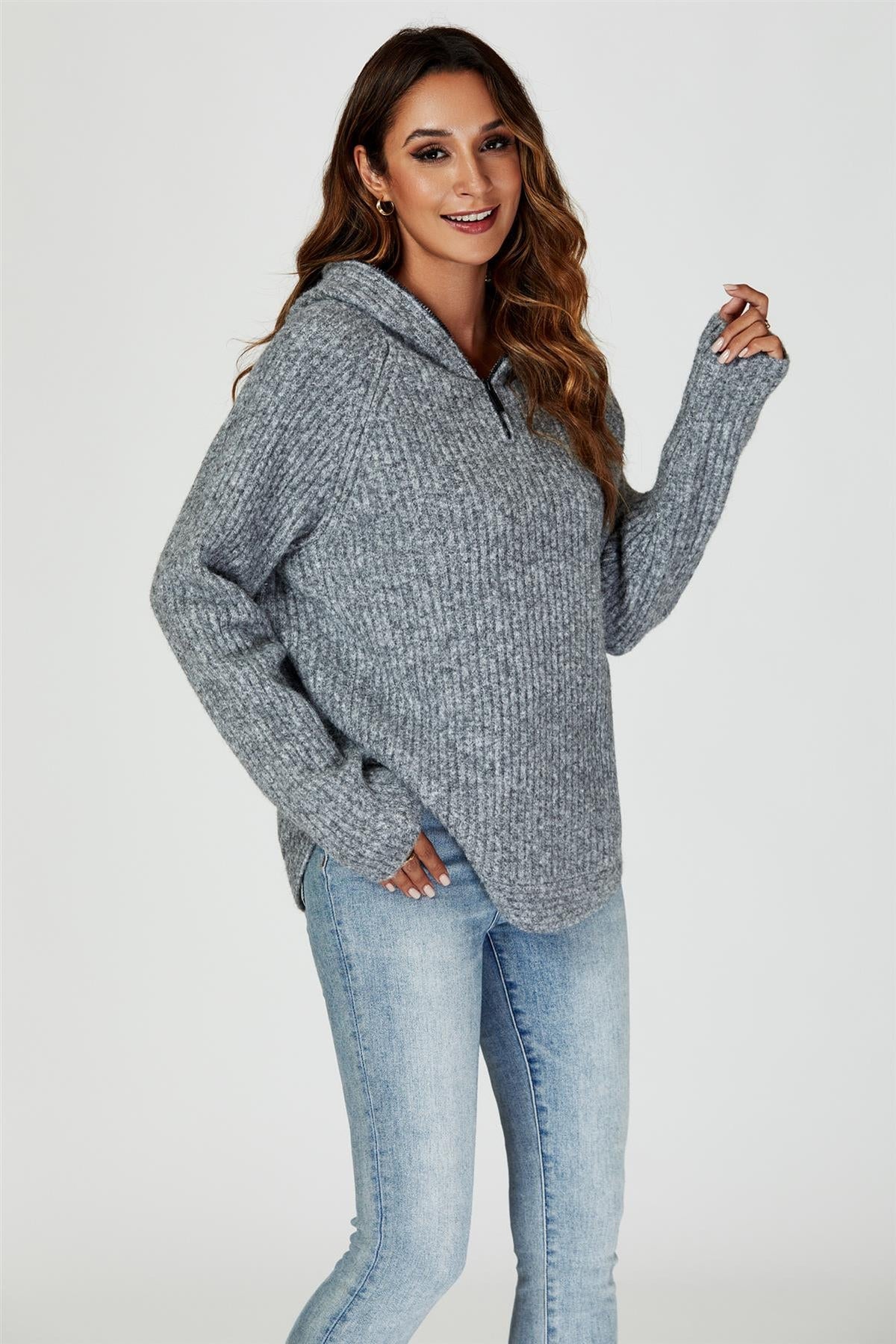 Zip Detail Knit Hoodie In Grey
