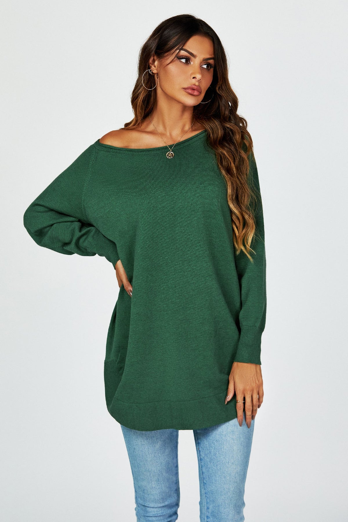 Oversize Knitted Jumper Top In Darkgreen