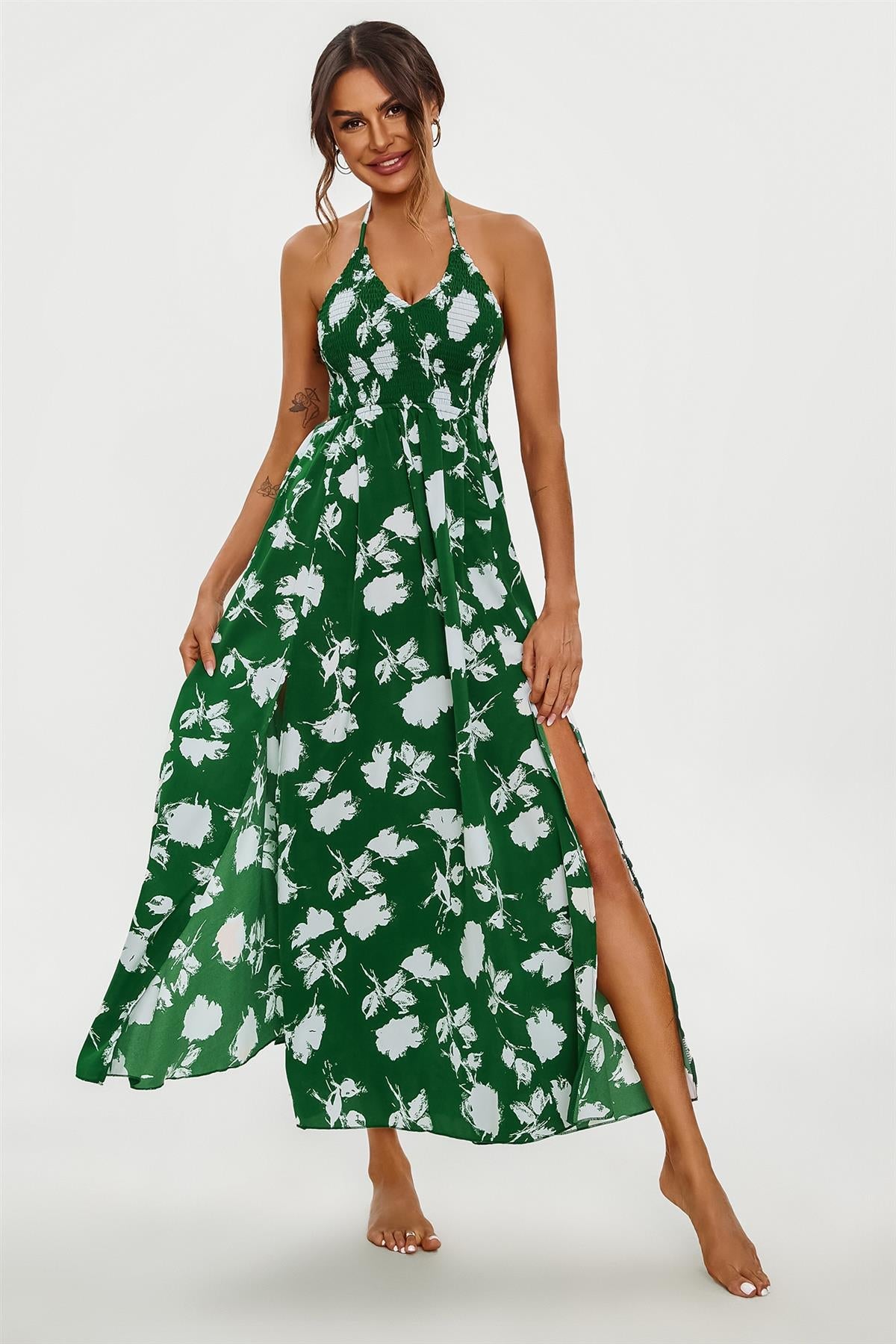 Floral Print Tie Halterneck Back Detail Maxi Dress In Green