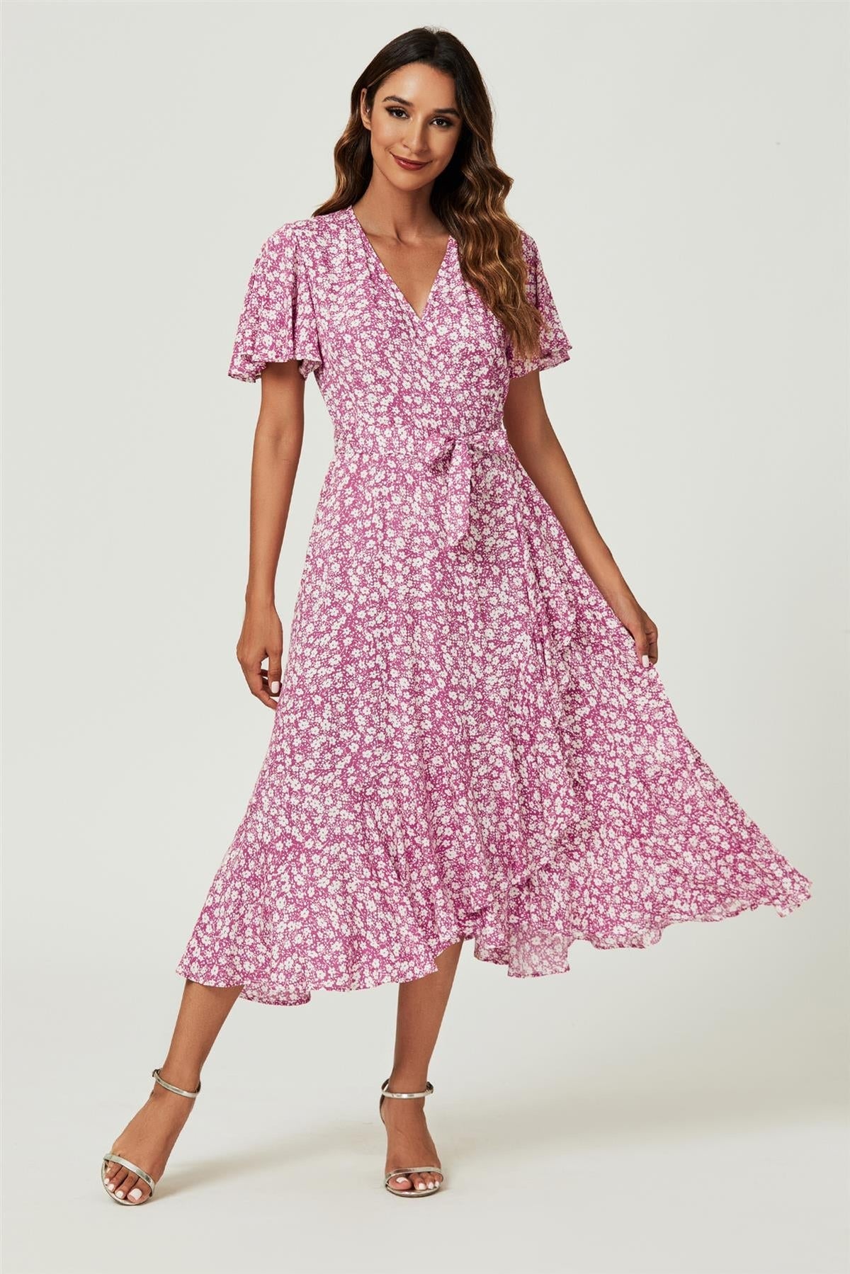 Floral Print Midi Wrap Dress In Pink