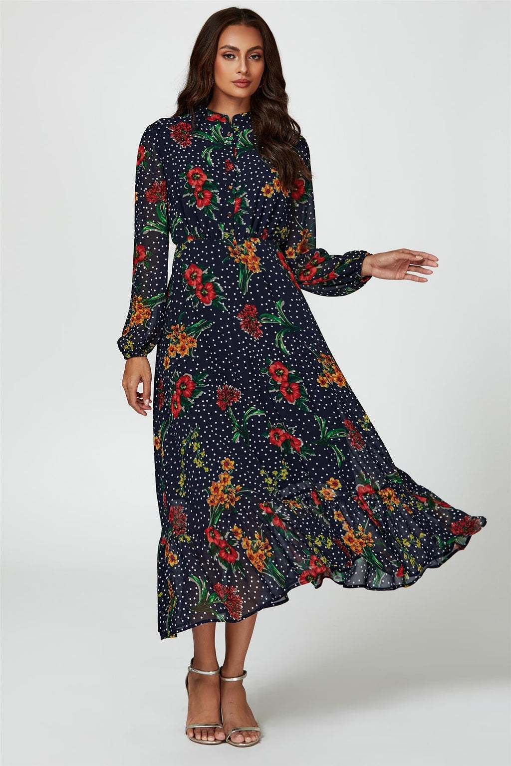 Floral Dot Print Maxi Dress In Navy