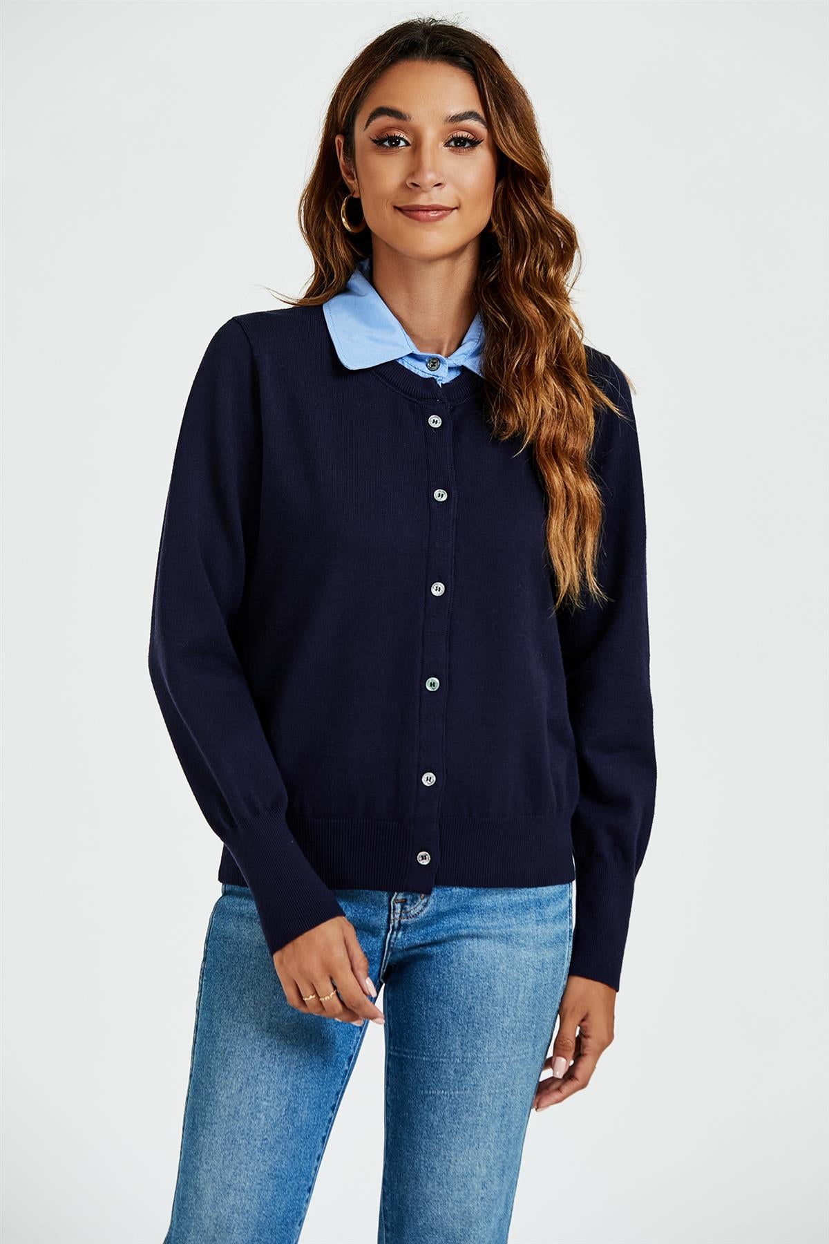 Shirt Collar Knitted Cardigan In Navy