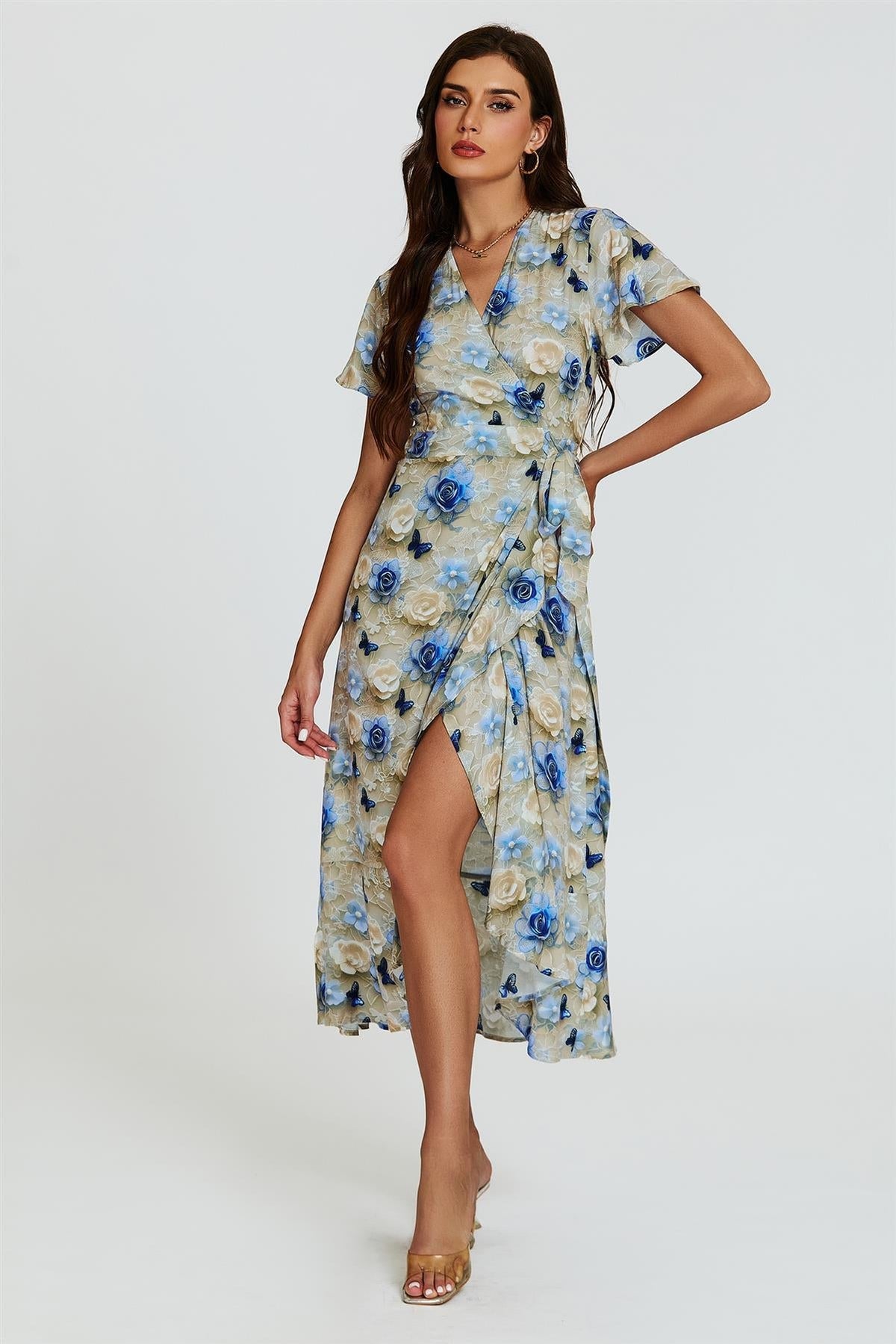 Floral Print Wrap Hem Midi Dress In Beige