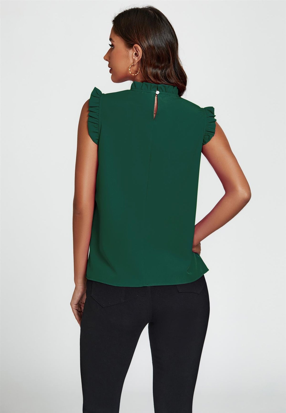 Frill Trim Sleeve Frill Neck Blouse Top In Dark Green
