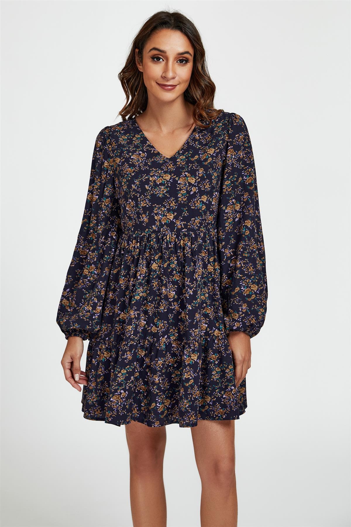Little Floral Print V Neck Mini Dress In Navy