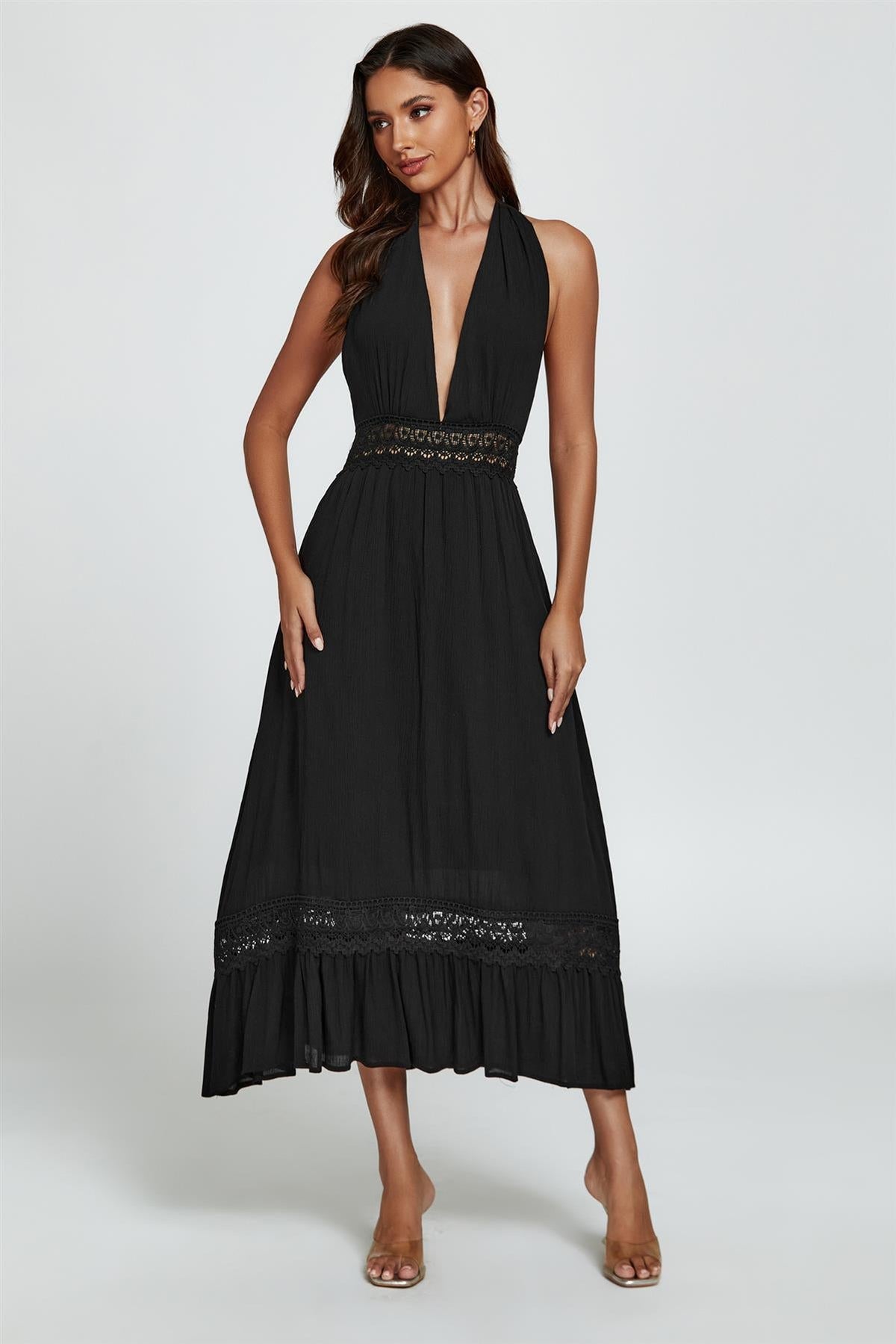 Lace Detail Adjustable Deep V Neckline Maxi Dress In Black