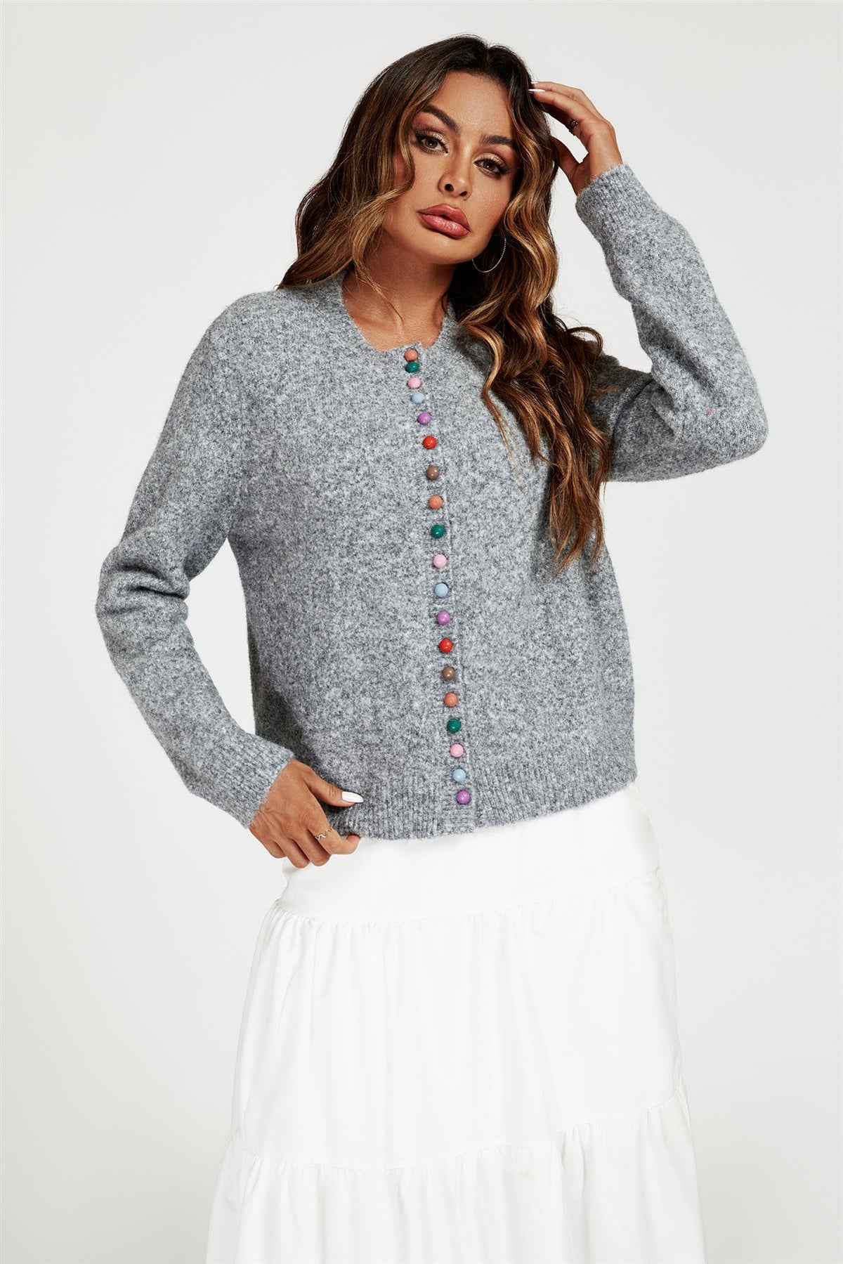 Rainbow Buttons Cardigan In Grey