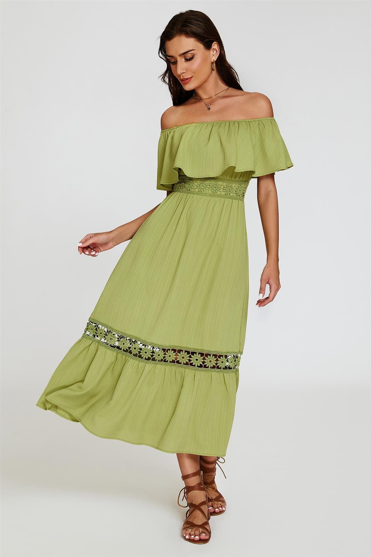 Lace Detail Bardot Maxi Dress In Green