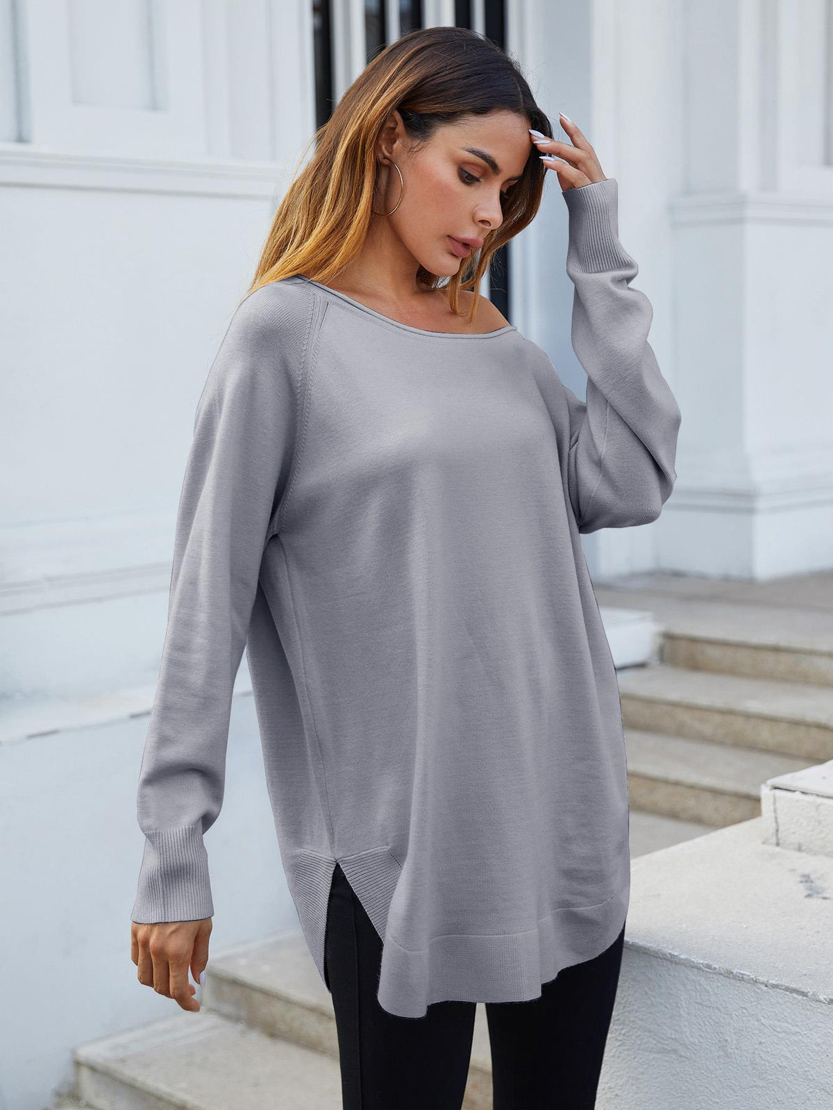 Oversize Knitted Jumper Top In Grey