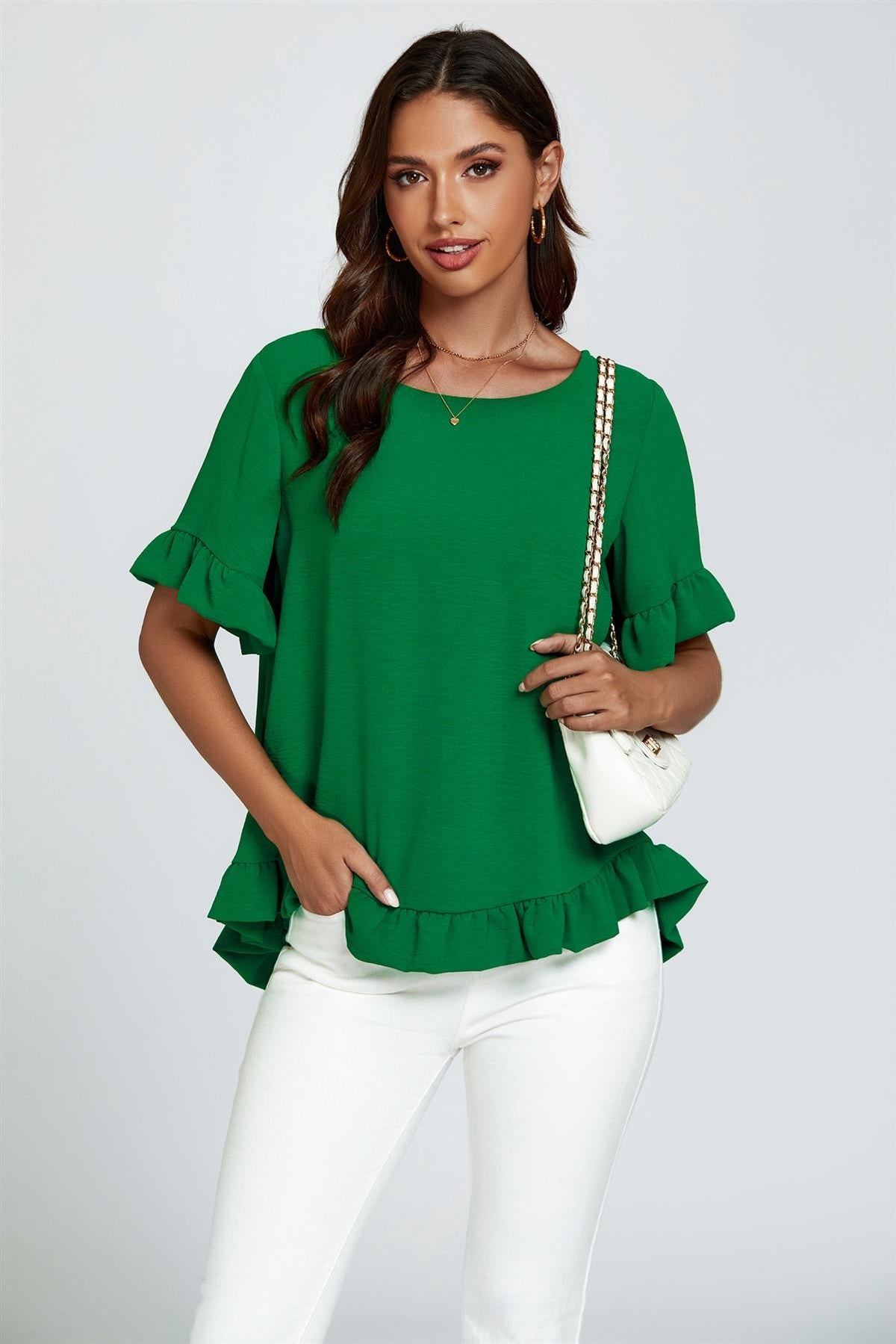 Frill Detail Short Sleeves Top In Green