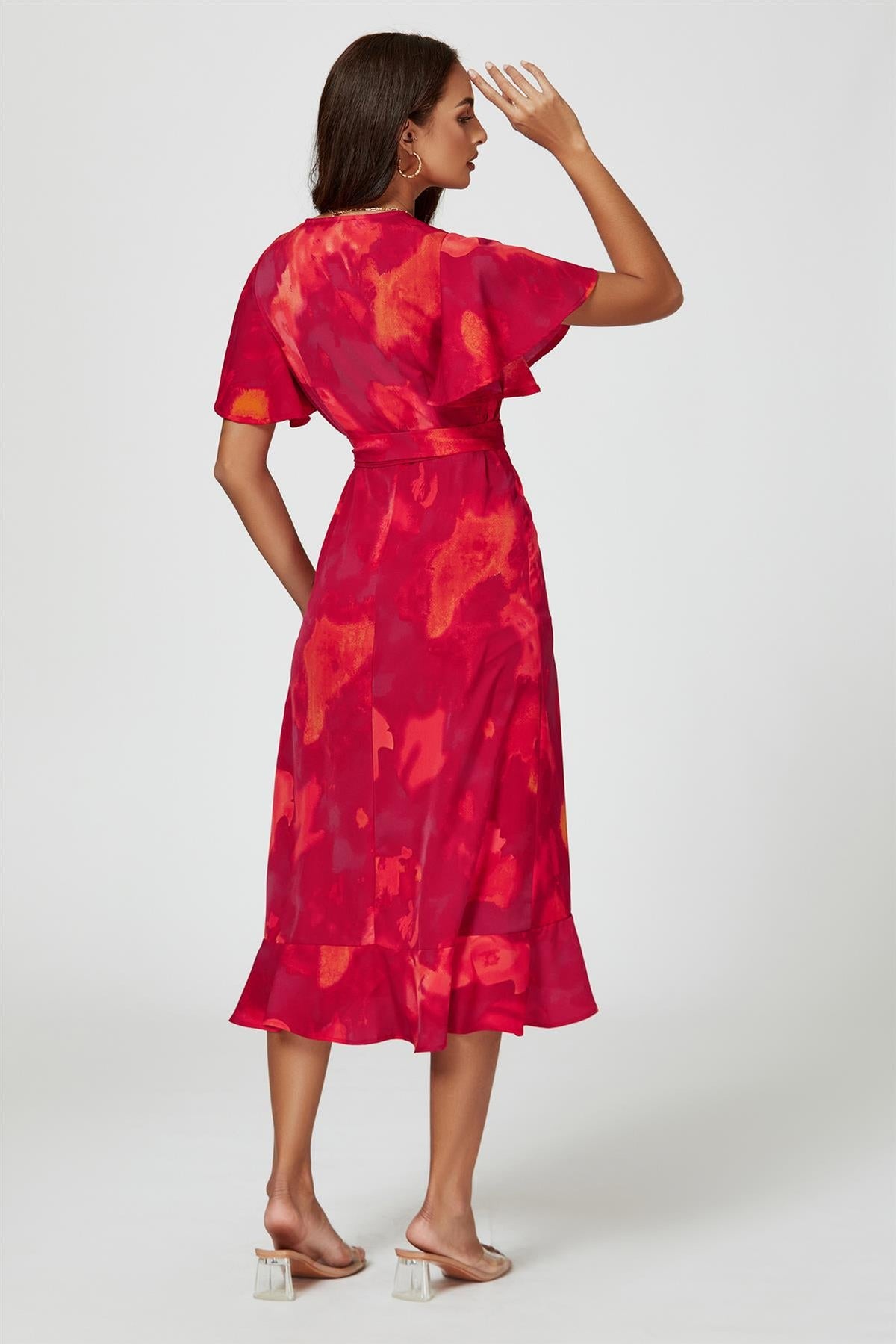 Abstract Print Angel Sleeve Wrap Midi Dress In Red