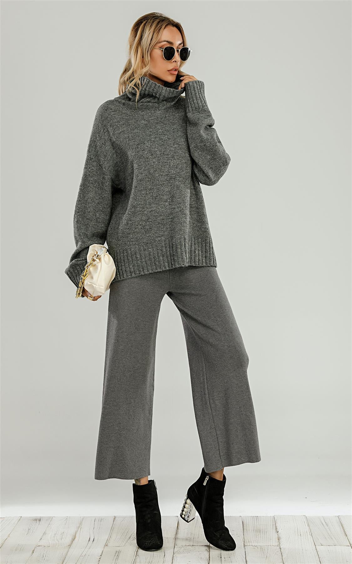 Wool Blanket Jumper Top With High Neck In Grey
