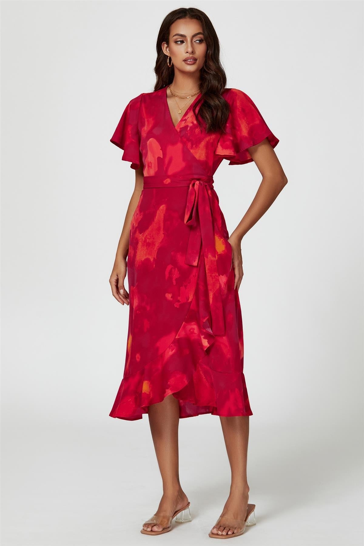Abstract Print Angel Sleeve Wrap Midi Dress In Red