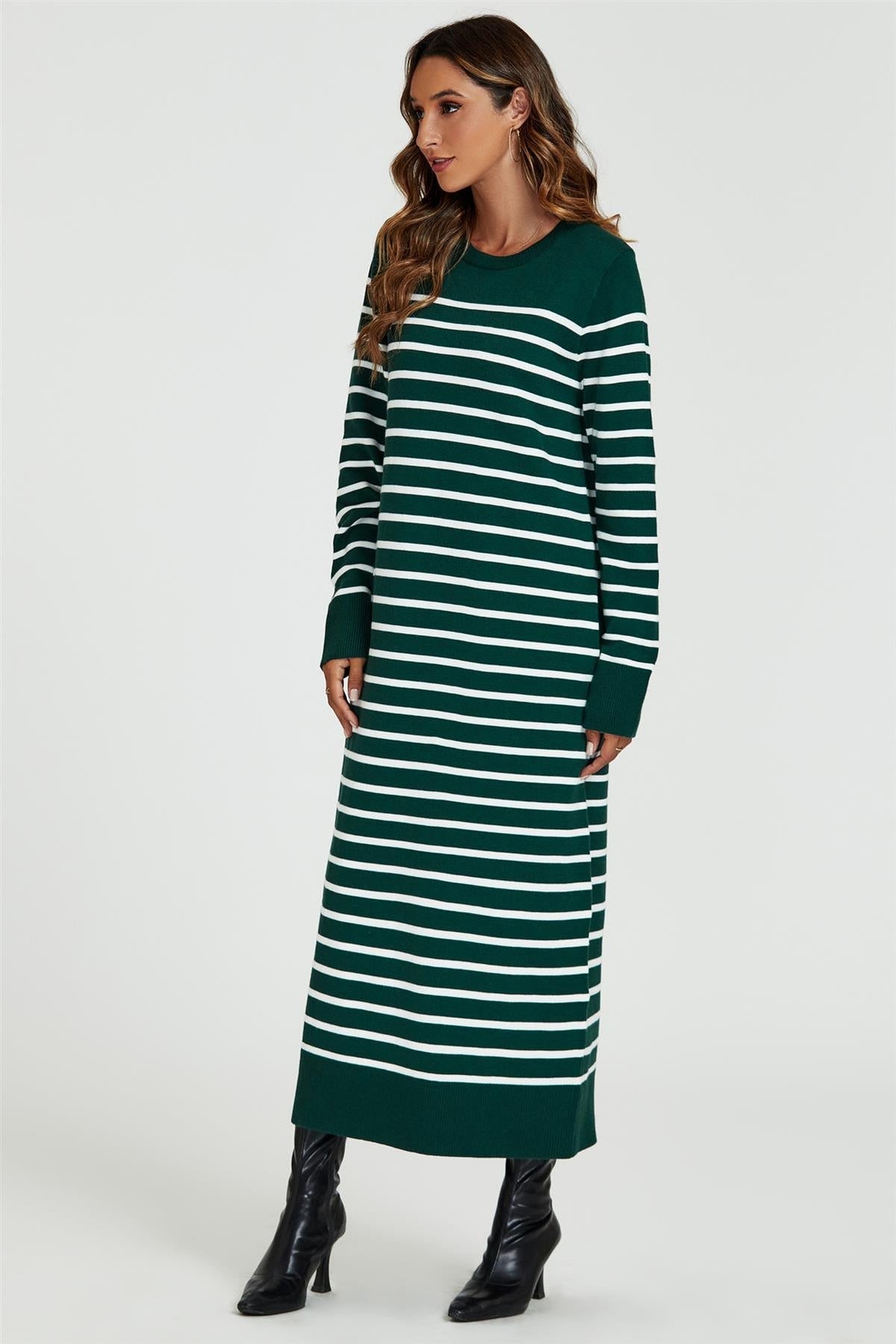 Stripe Pattern Knitted Tunic Jumper Dress In Dark Green