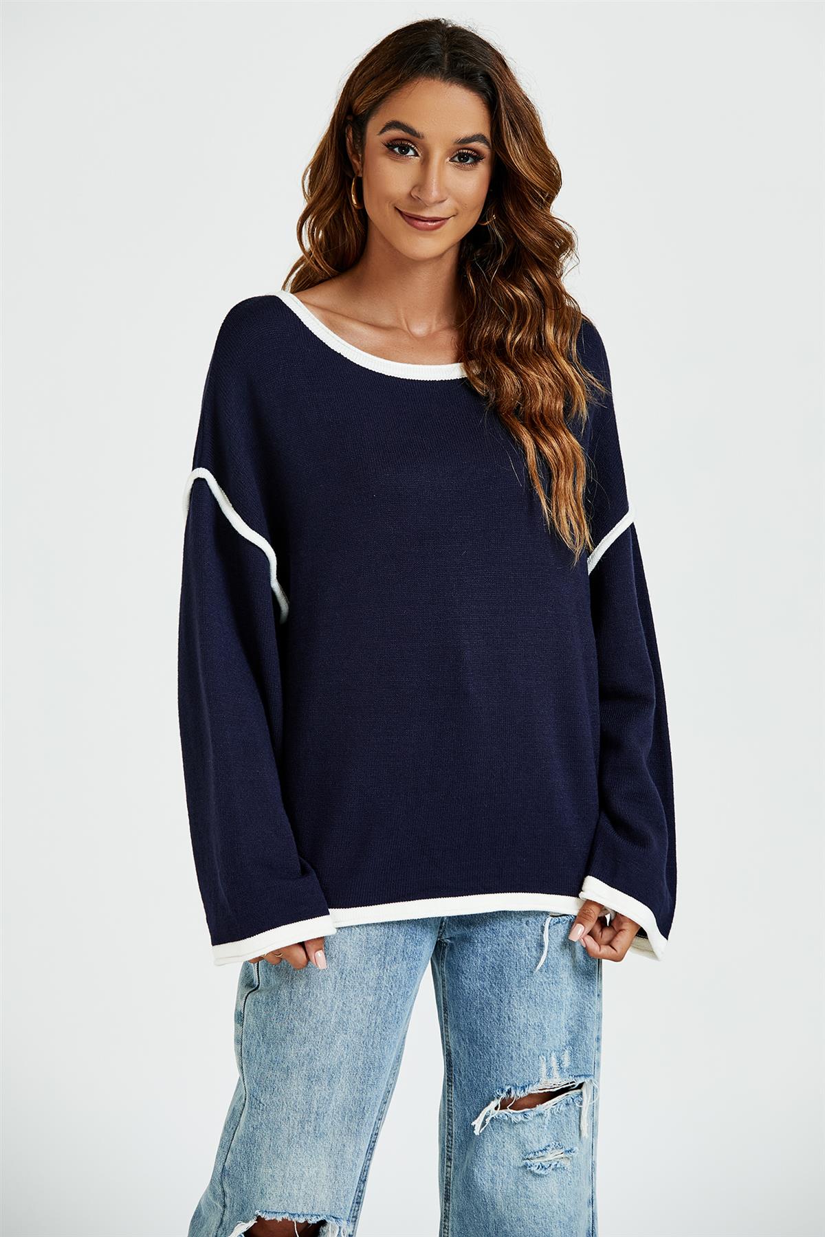 White Striped Oversized Jumper Top In Navy