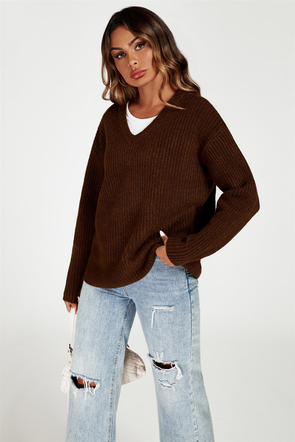 V Neck Jumper Top In Brown