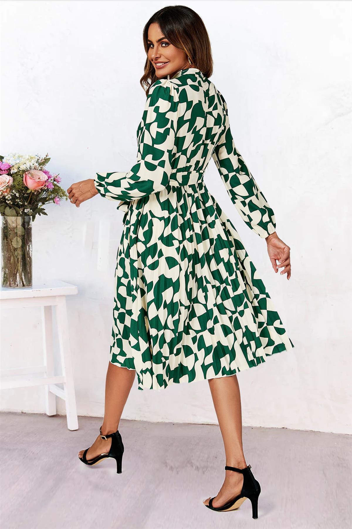 High Neck Long Sleeve Midi Dress In Green