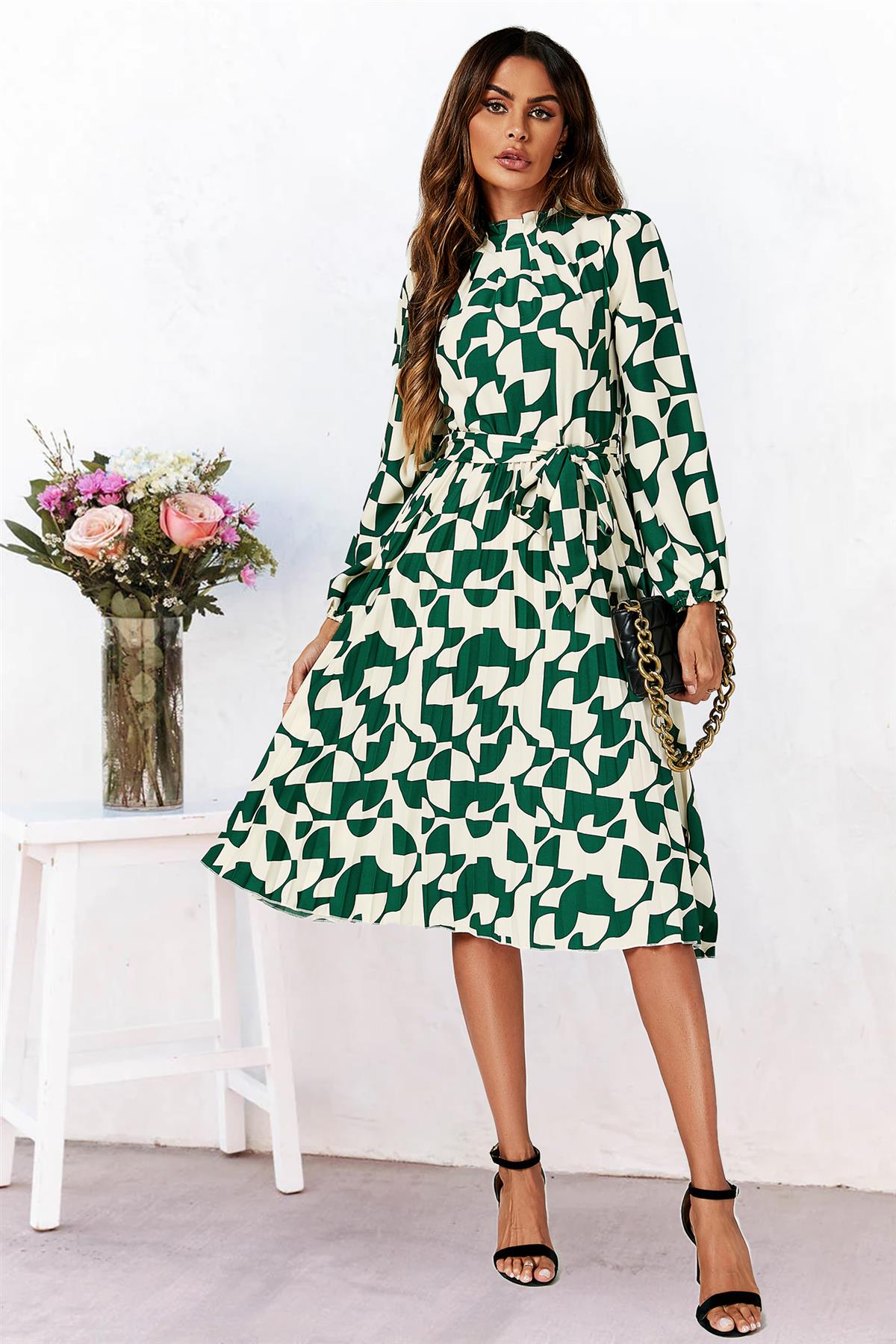 High Neck Long Sleeve Midi Dress In Green