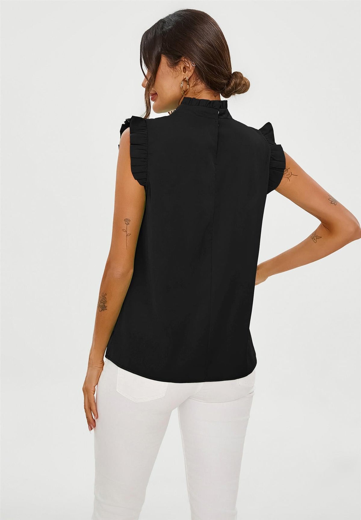 Frill Trim Sleeve High Neck Blouse Top In Black