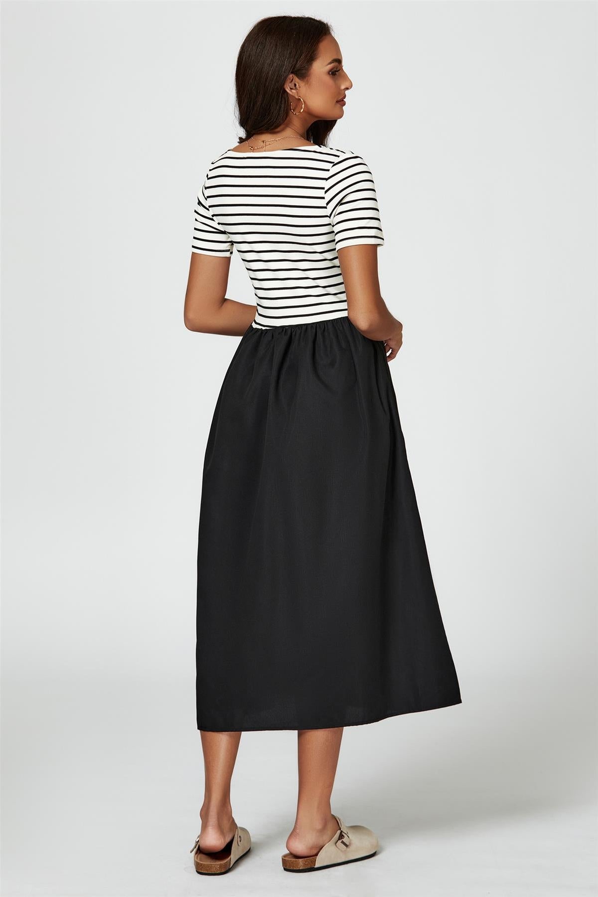 Short Sleeve Black Stripe Midi Dress In White