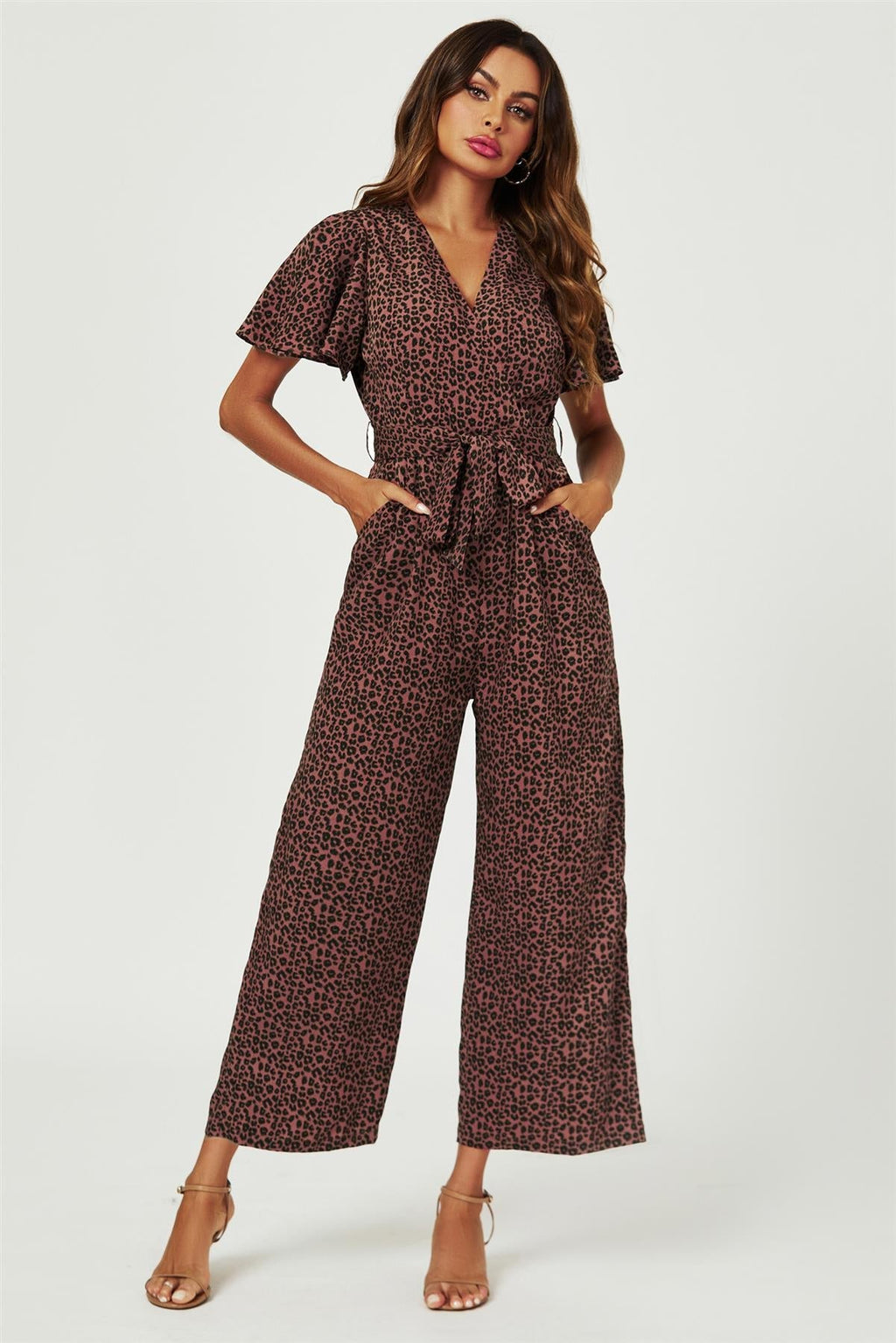 Leopard Print Wrap Top Jumpsuit In Rusty