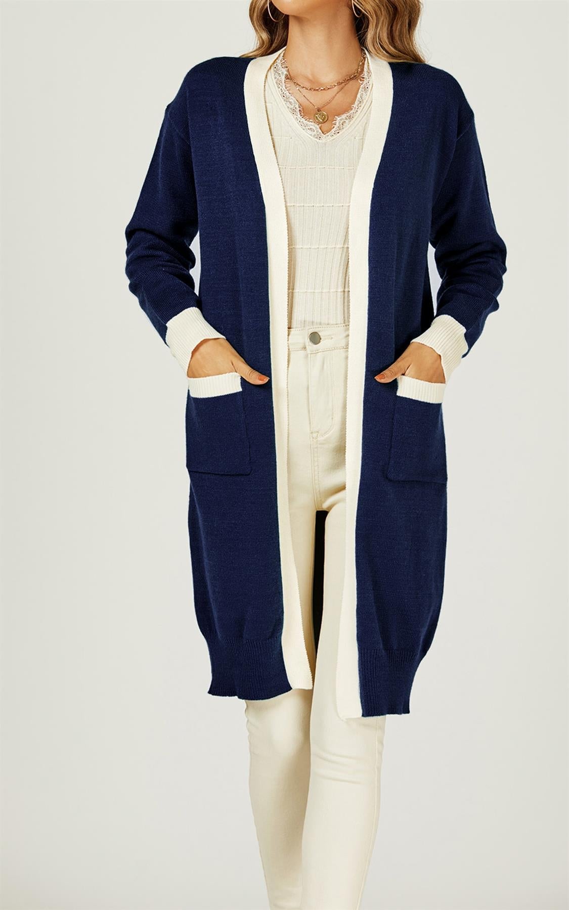 Cream Stripe Cardigan In Navy