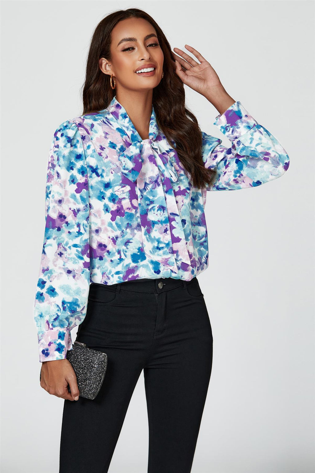 Abstract Floral Print Tie Detail long sleeve Blouse Top In Blue