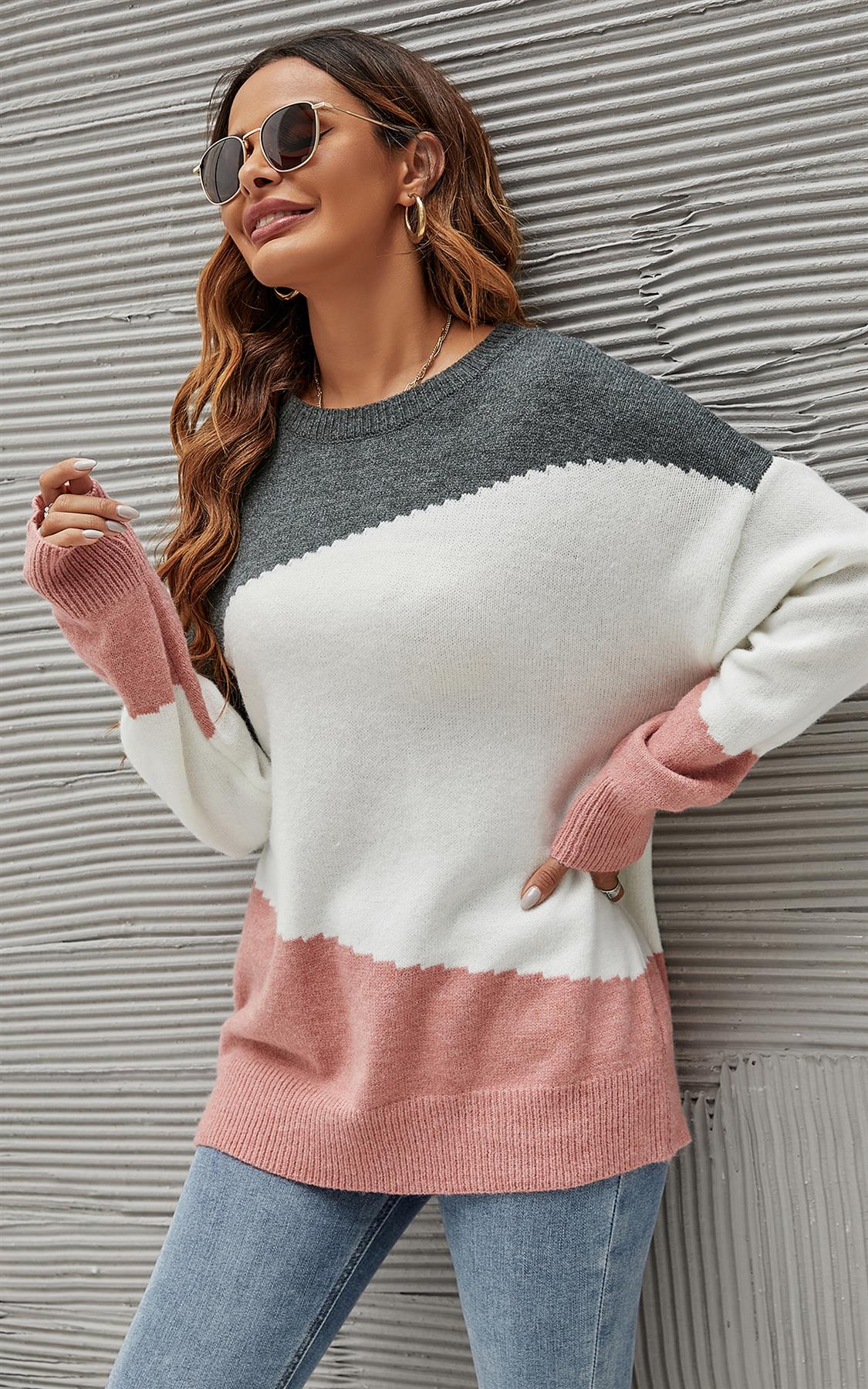 Grey & Pink Block Colour Jumper Top In White