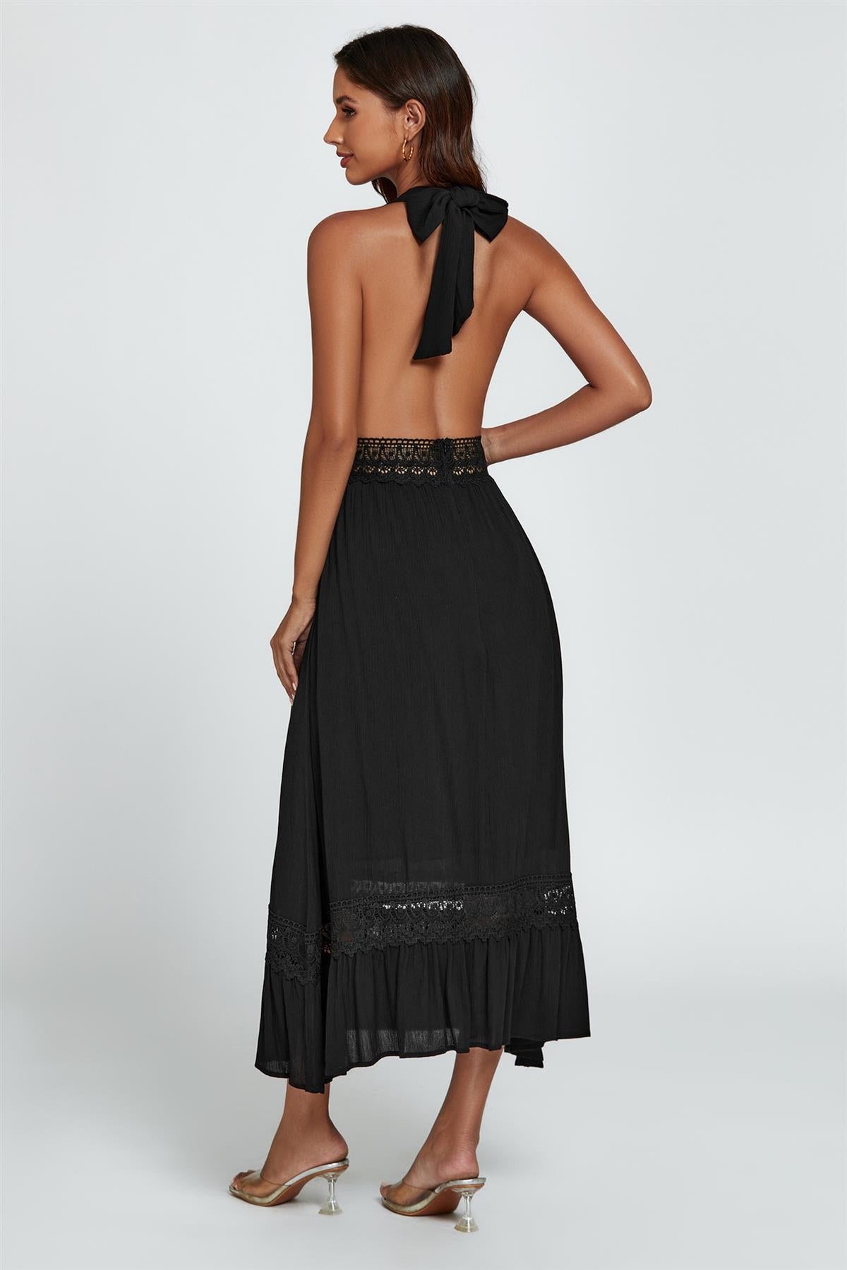Lace Detail Adjustable Deep V Neckline Maxi Dress In Black