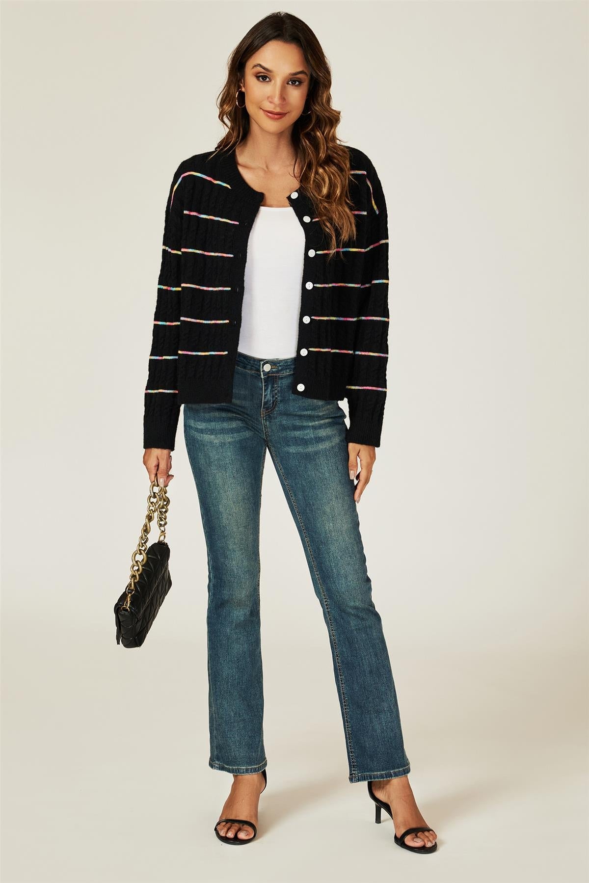 Rainbow Stripe Knitted Cardigan In Black