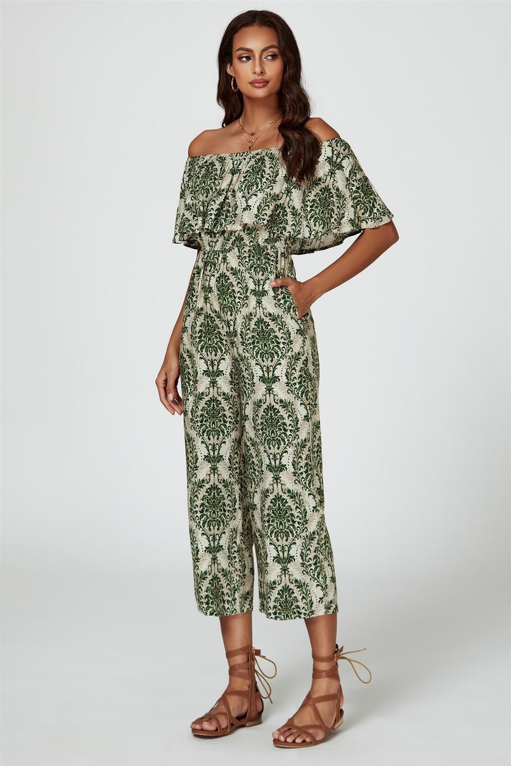 Off The Shoulder Print Frill Jumpsuit In Green