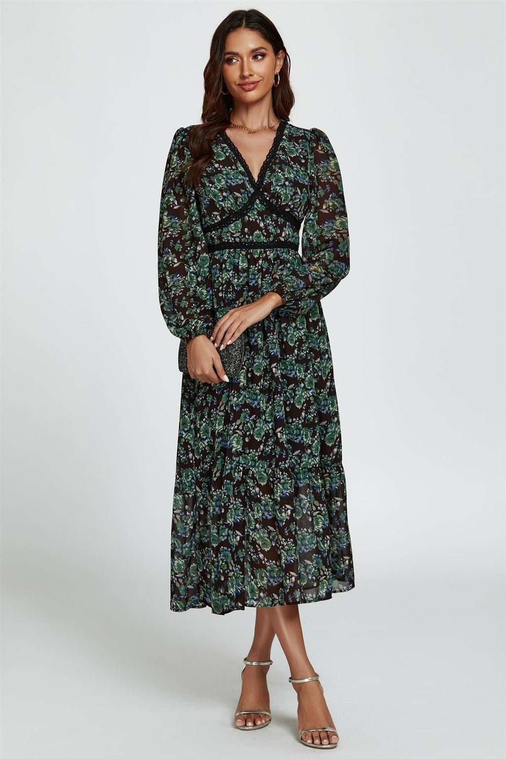 Floral Print Long Sleeve Midi Dress In Brown