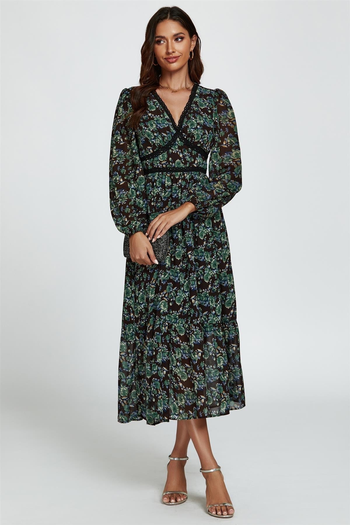 Floral Print Long Sleeve Midi Dress In Brown