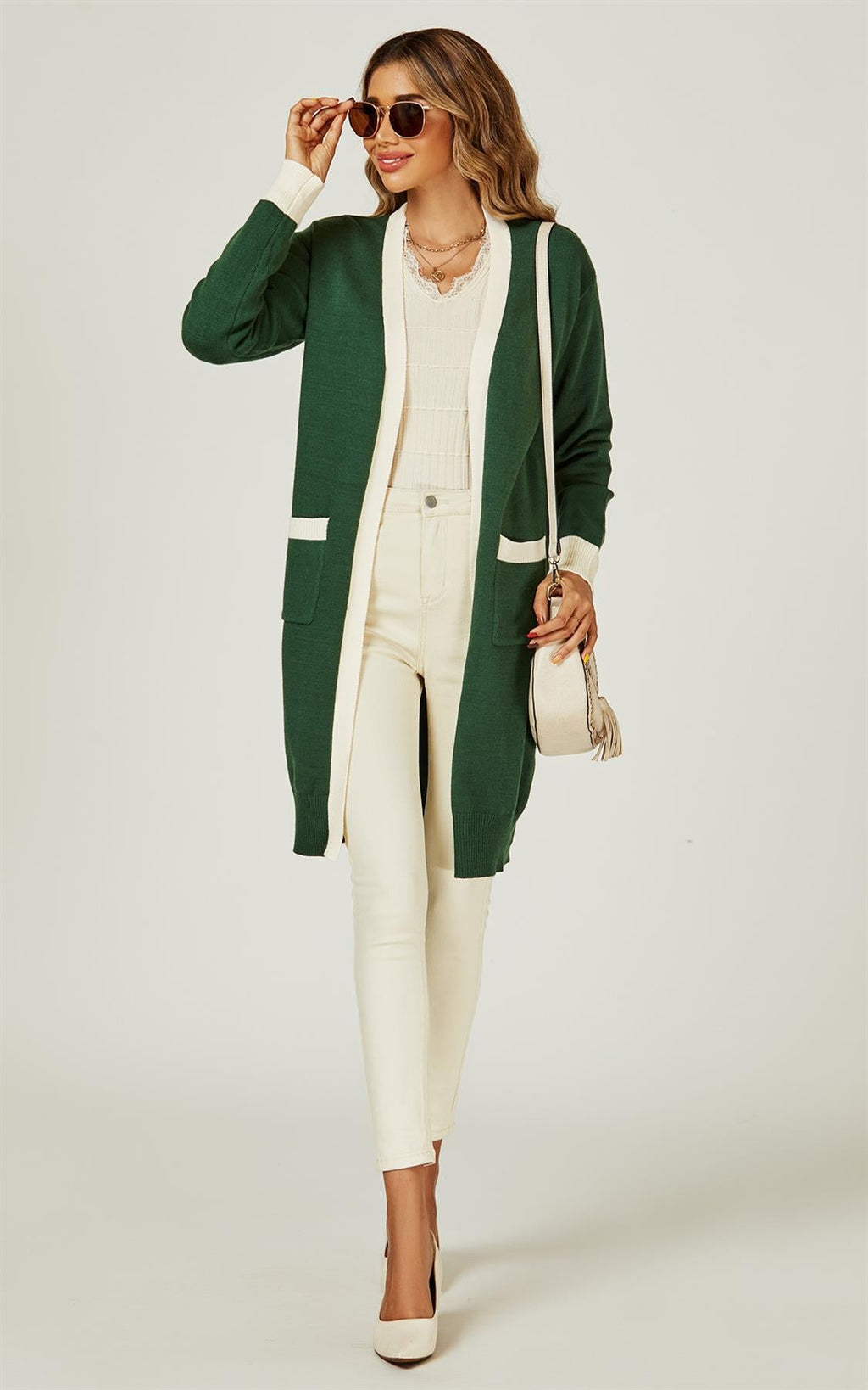Cream Stripe Cardigan In Green