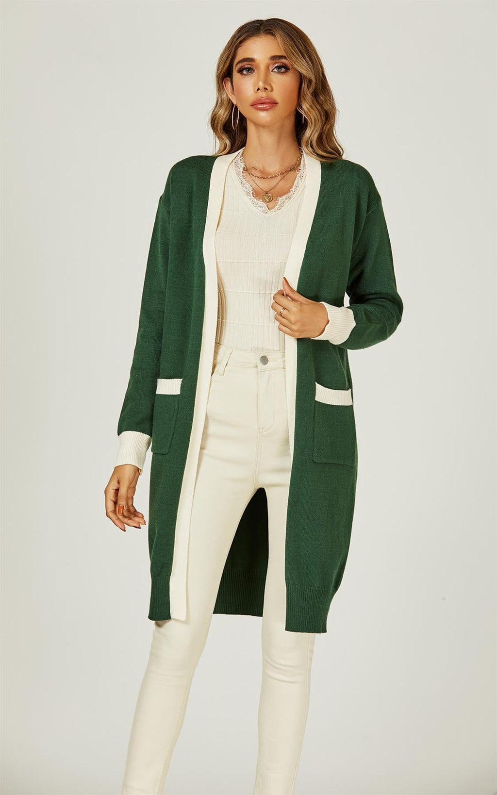 Cream Stripe Cardigan In Green