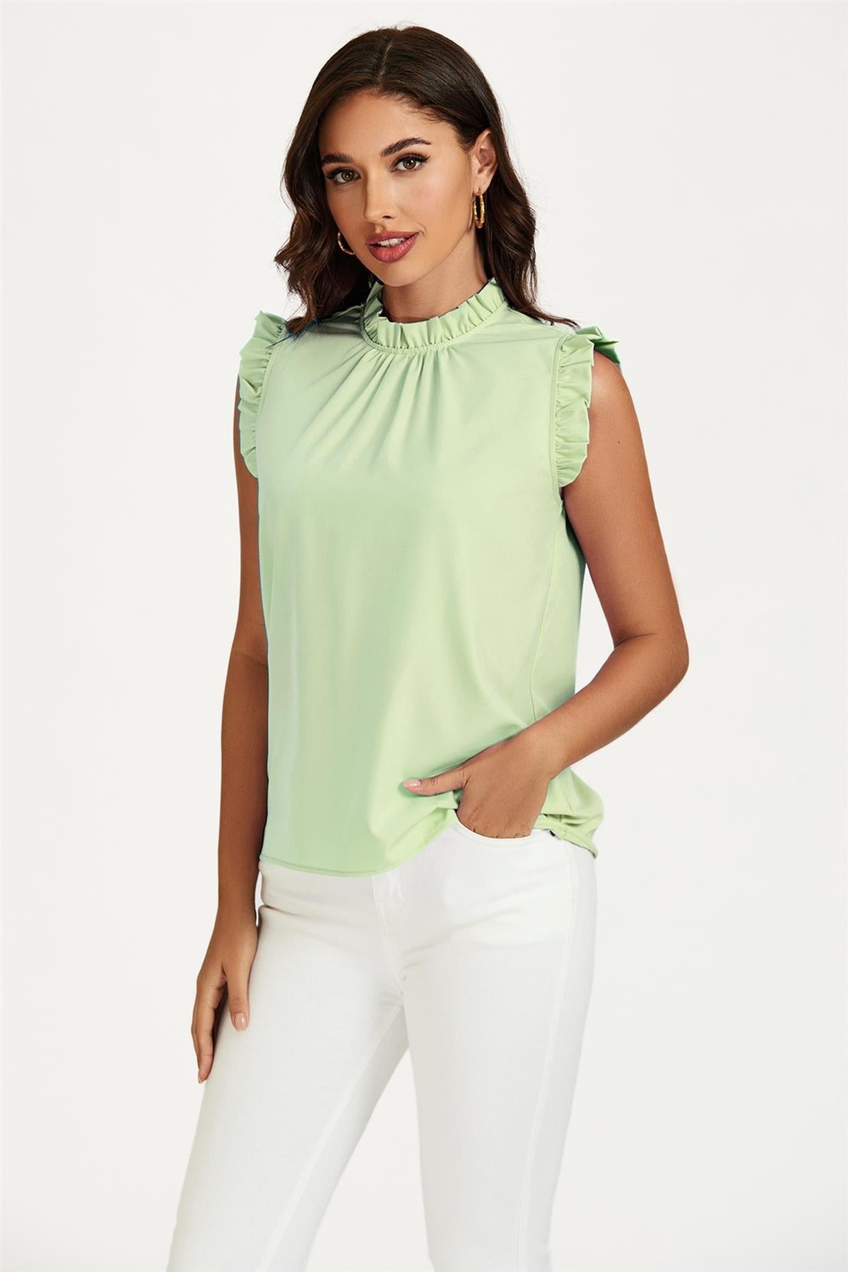 Frill Trim Sleeve Frill Neck Blouse Top In Light Green