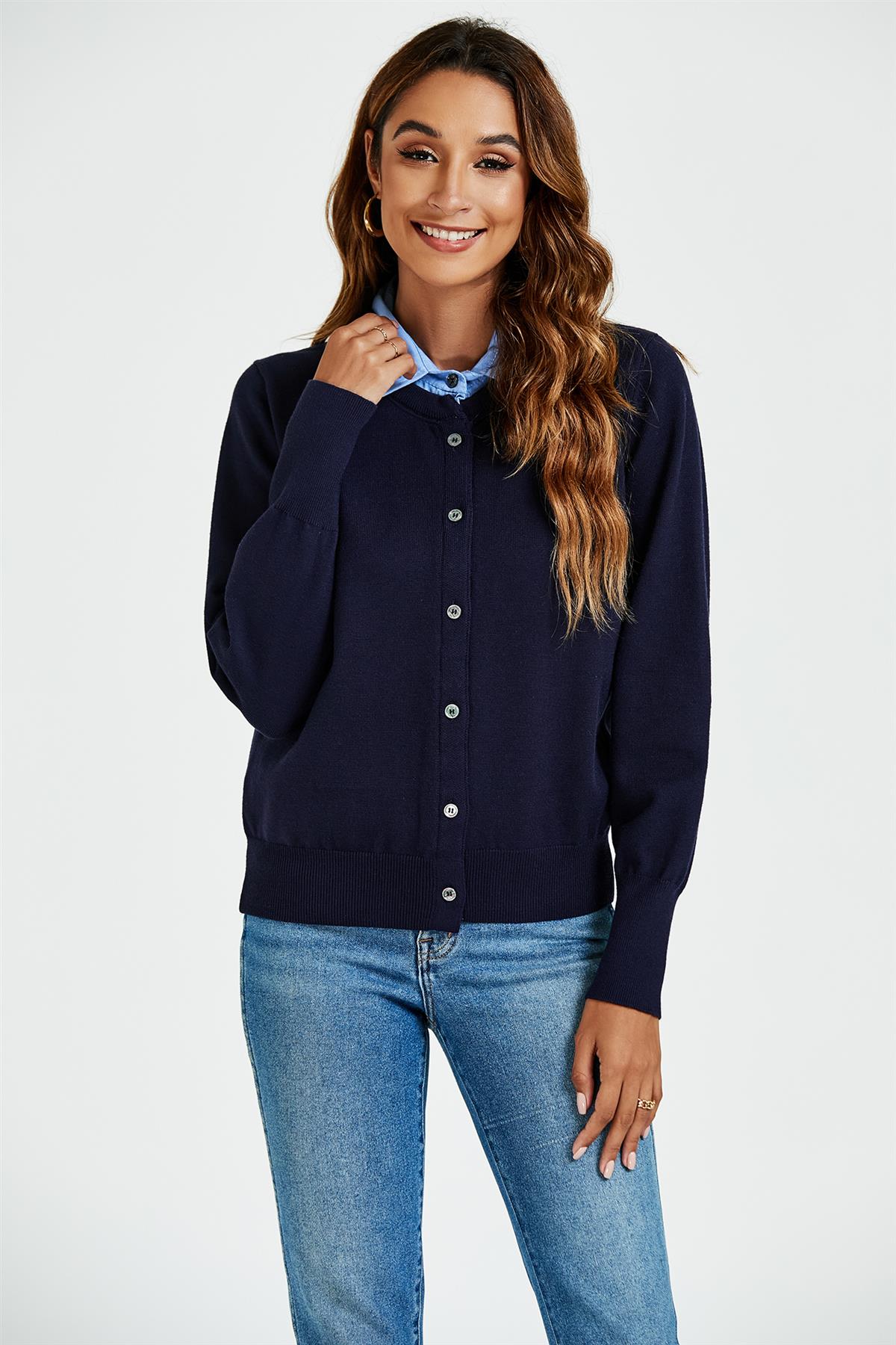 Shirt Collar Knitted Cardigan In Navy
