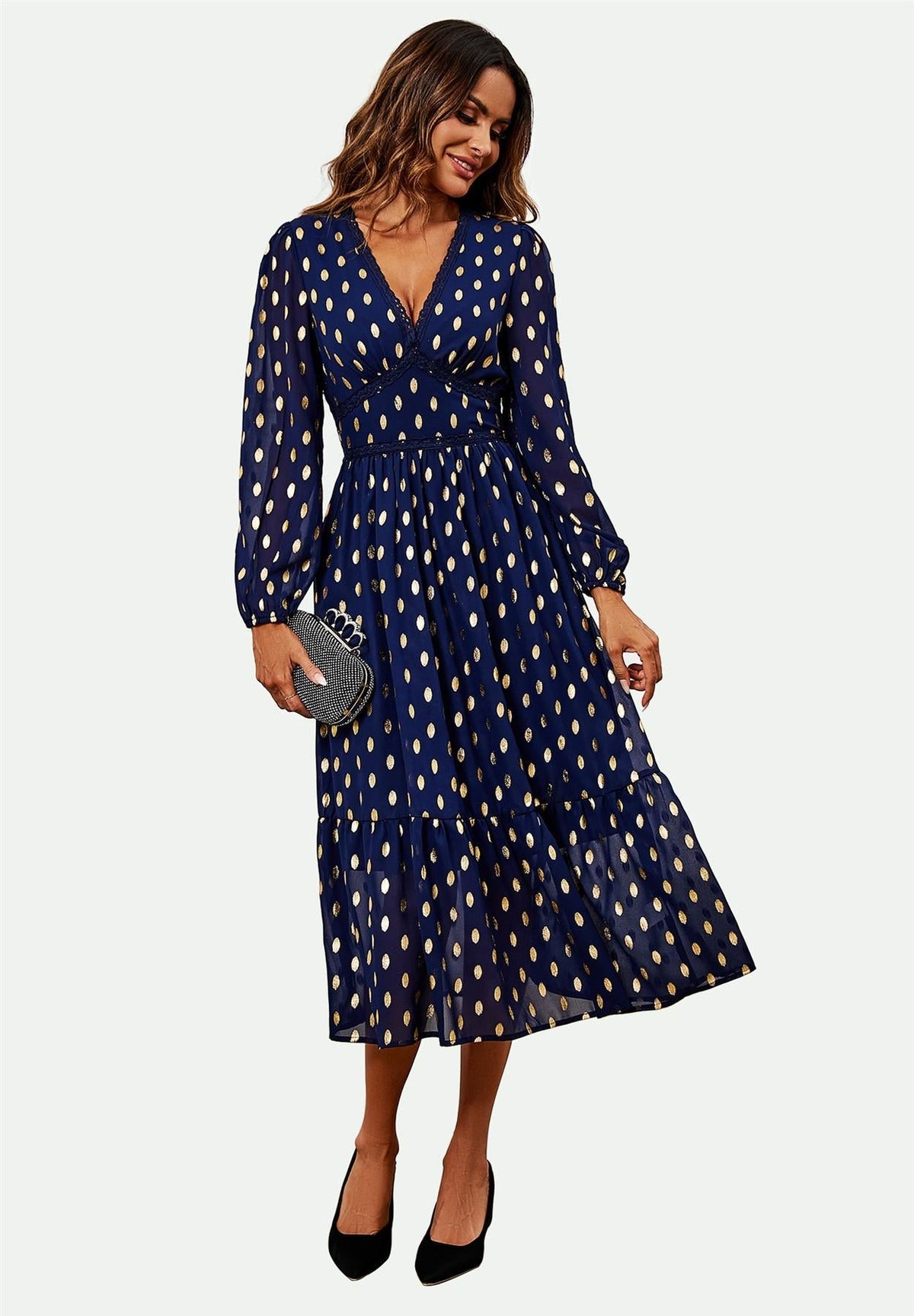 Lace Trim Foil Long Sleeve Maxi Dress In Navy
