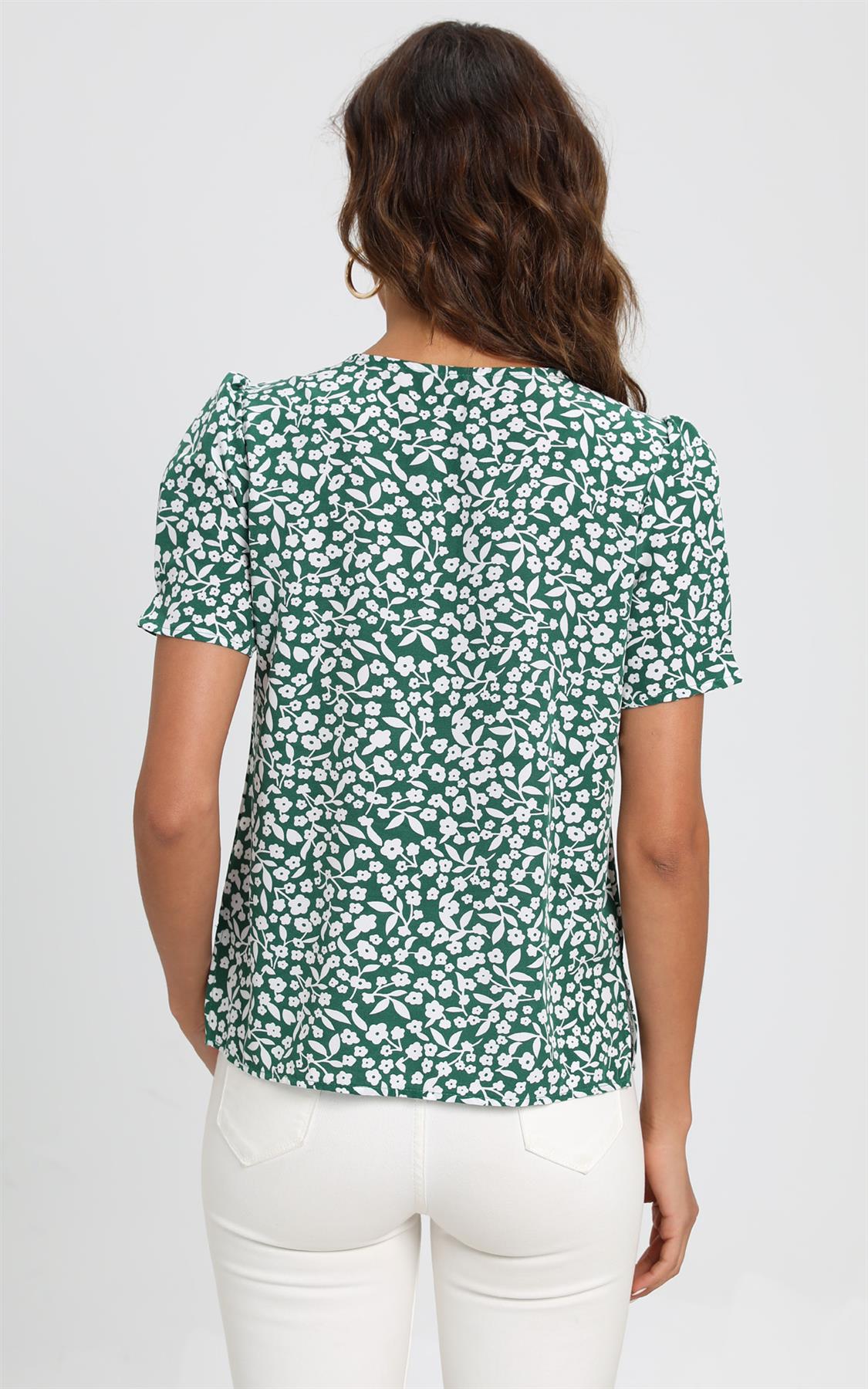 Short Sleeve Buttoned Blouse Top In Green & White Flora  Print