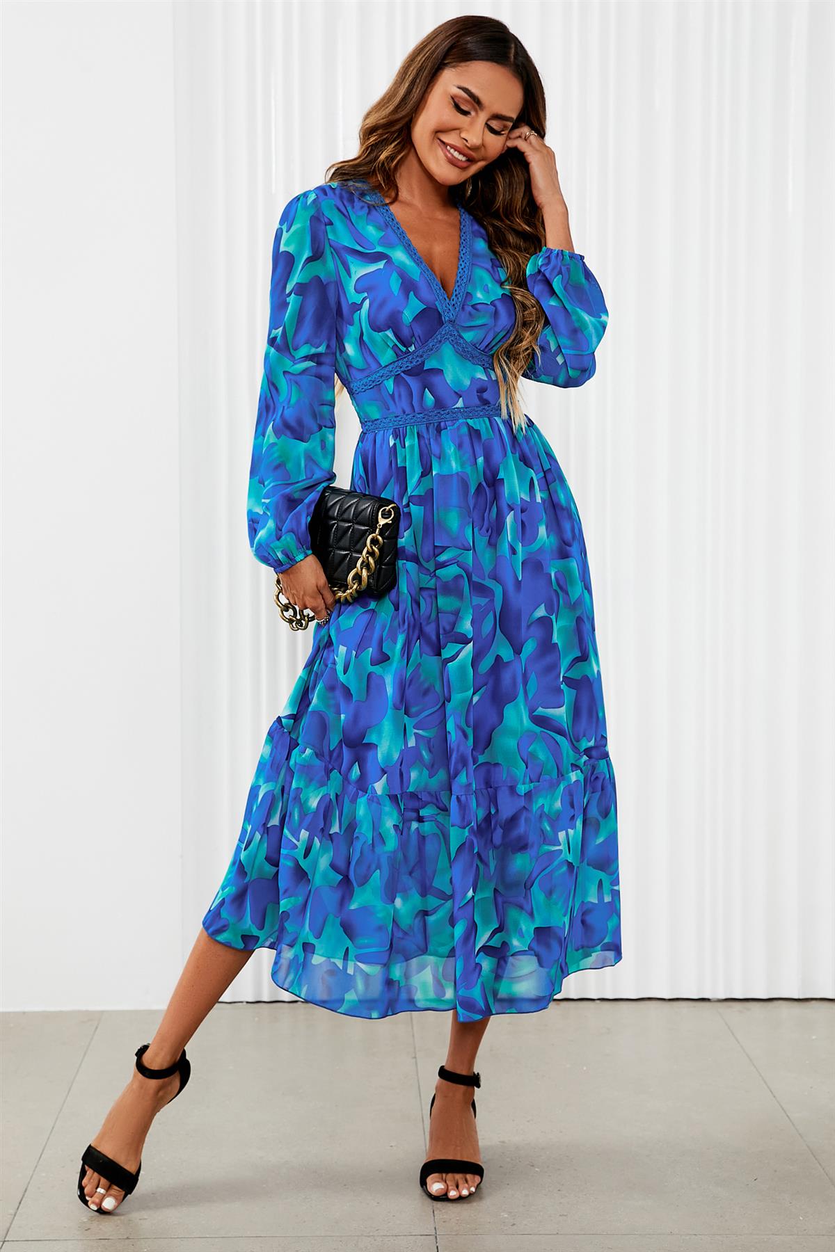 Floral Lace-Trim Midi Dress — Blue