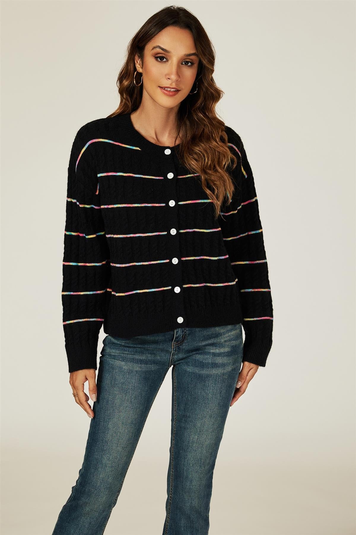 Rainbow Stripe Knitted Cardigan In Black