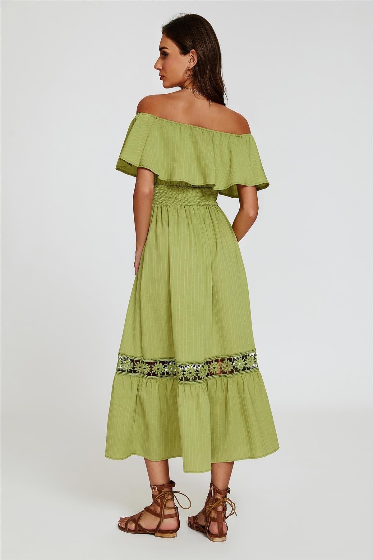 Lace Detail Bardot Maxi Dress In Green
