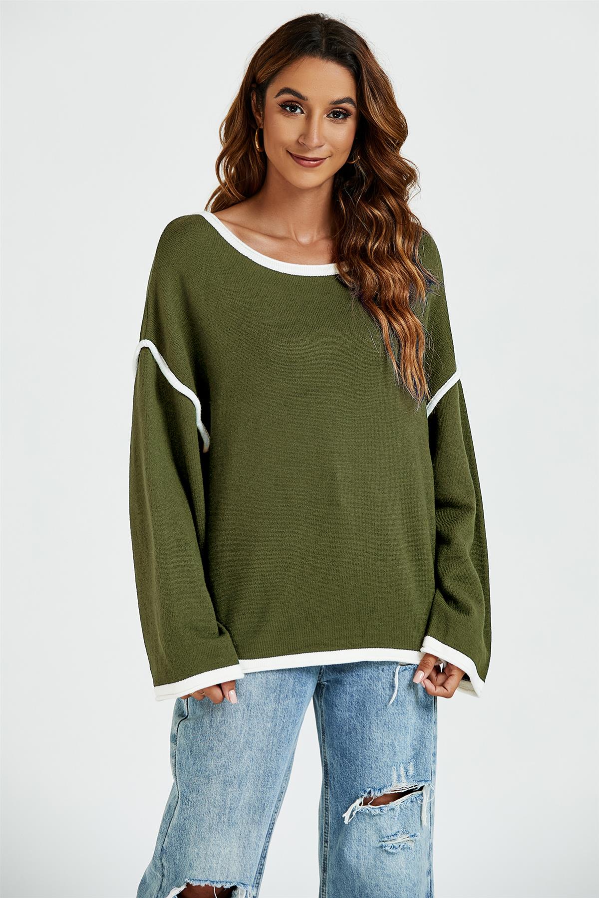 White Striped Oversized Jumper Top In Khaki Green