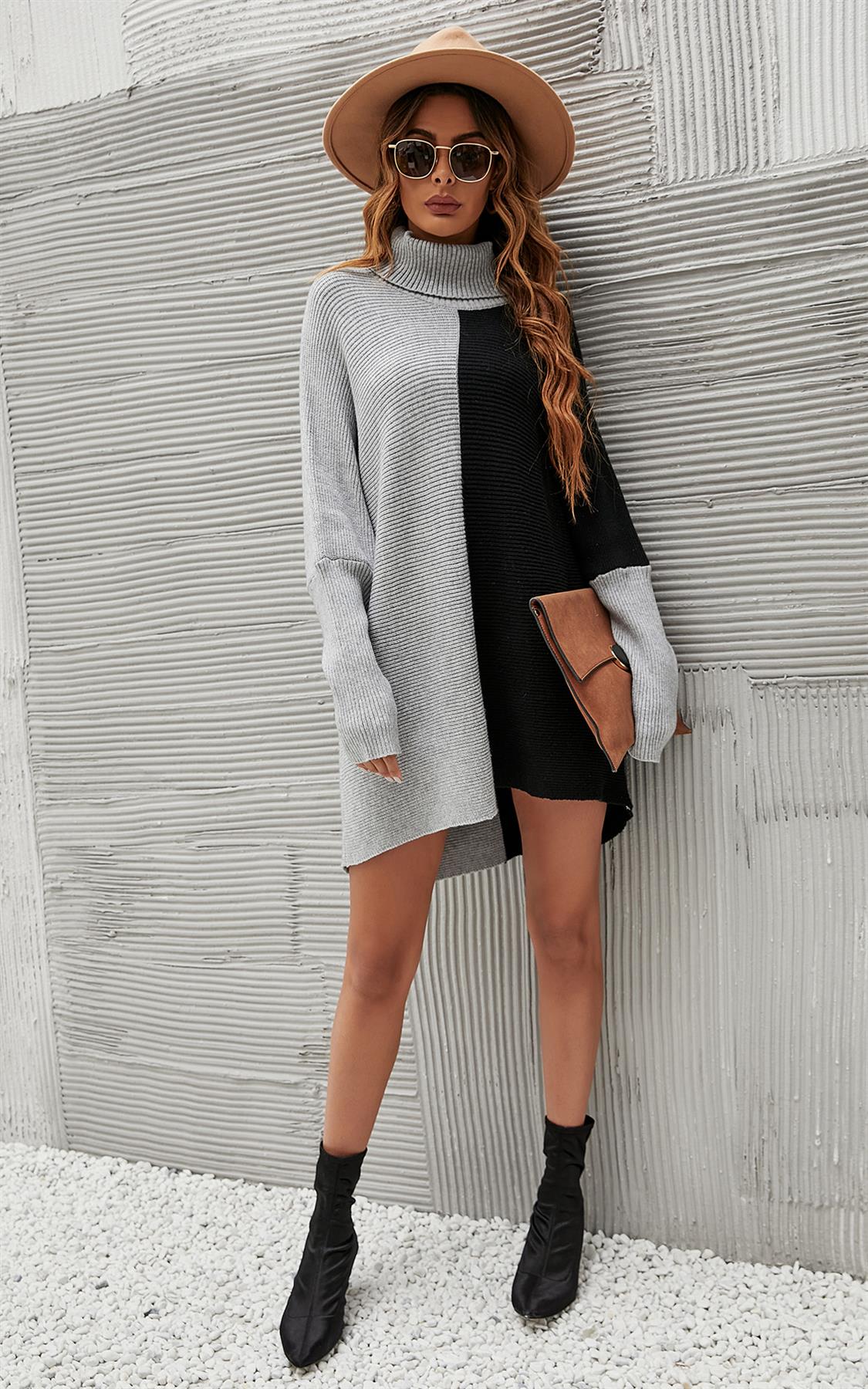 High Neck Half Grey & Black Block Colour Jumper Top
